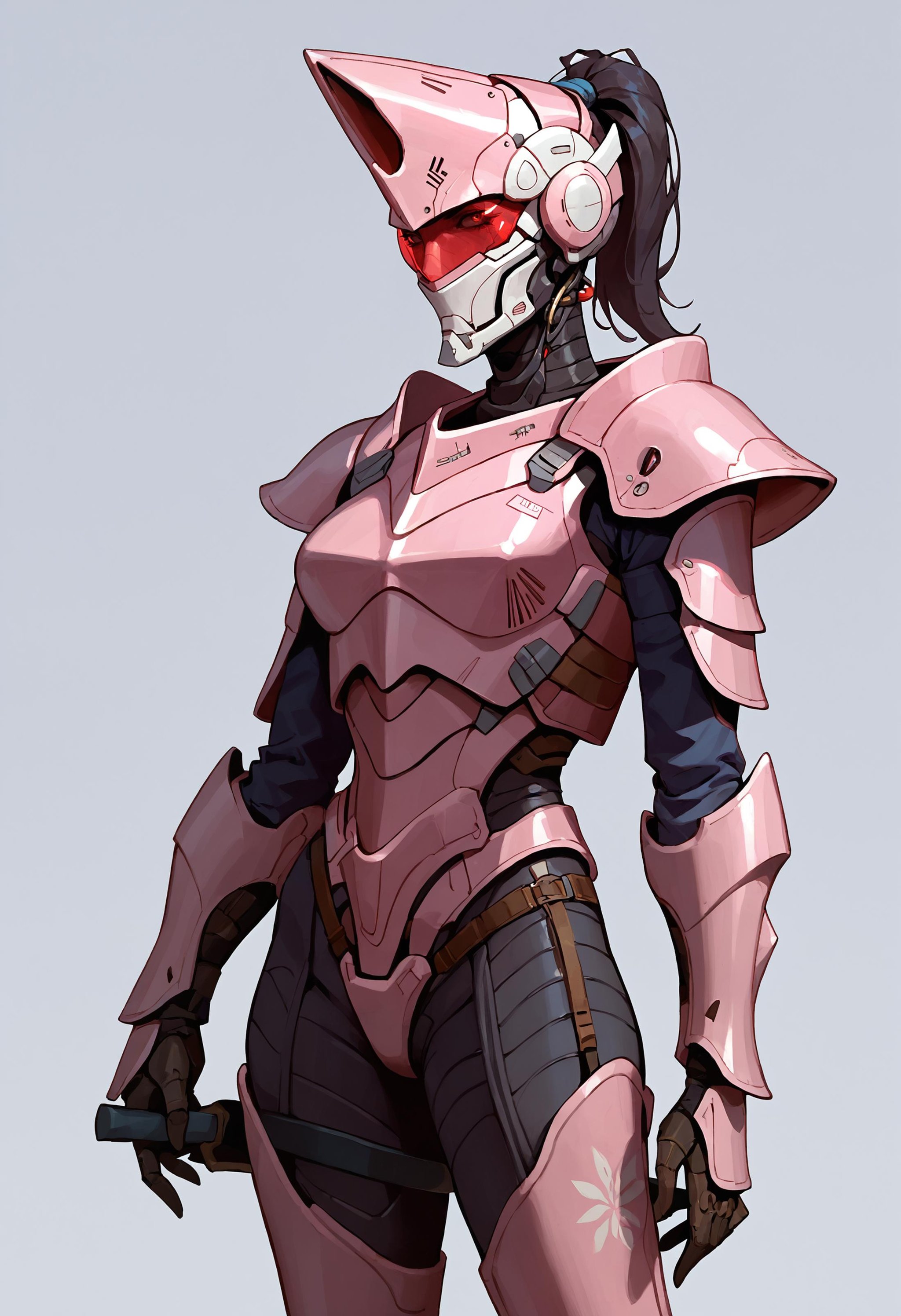 score_9, score_8_up, score_7_up, score_6_up, score_5_up, score_4_up, mature female, skinny, tall slim robot, armor, helmet, holding weapon, pink color armor, ponytail, <lora:ArmorPunkV3-000002:1>, arm0rpunk