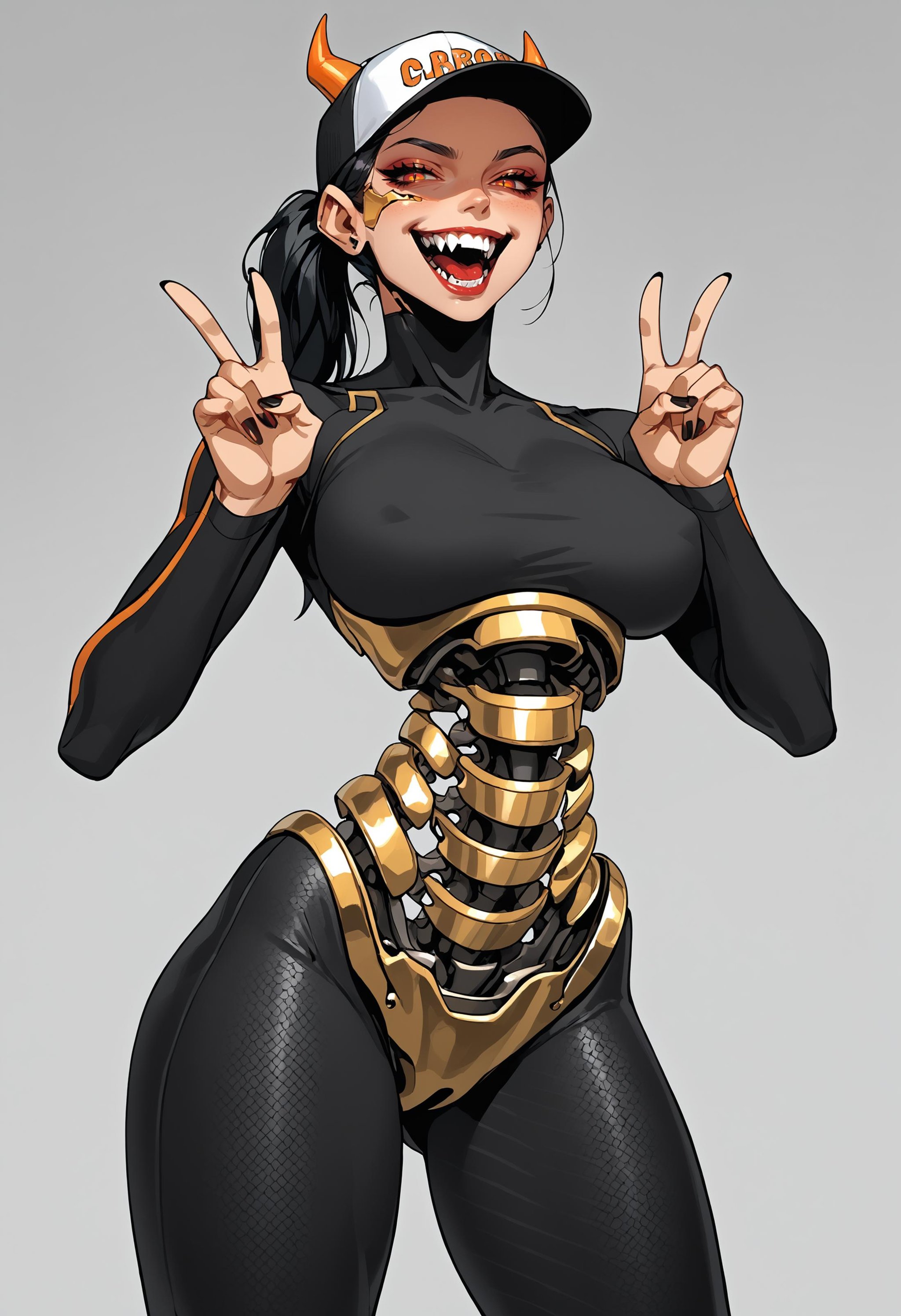 score_9, score_8_up, score_7_up, highly detailed, v, 1girl, big breasts, tall, android girl, giant devil horns, dragon tail, simple background, (slit pupils:0.7), (carbon fiber:1.3), smile, laughing,  (forked tongue, fangs, teeth:0.7), ponytail, looking at looking at viewer, baseball cap, painted nails, black nails, skin tight,  <lora:ArmorPunkV4:1> arm0rpunkv4, (mechanical torso, mechanical spine:1.4), full body,