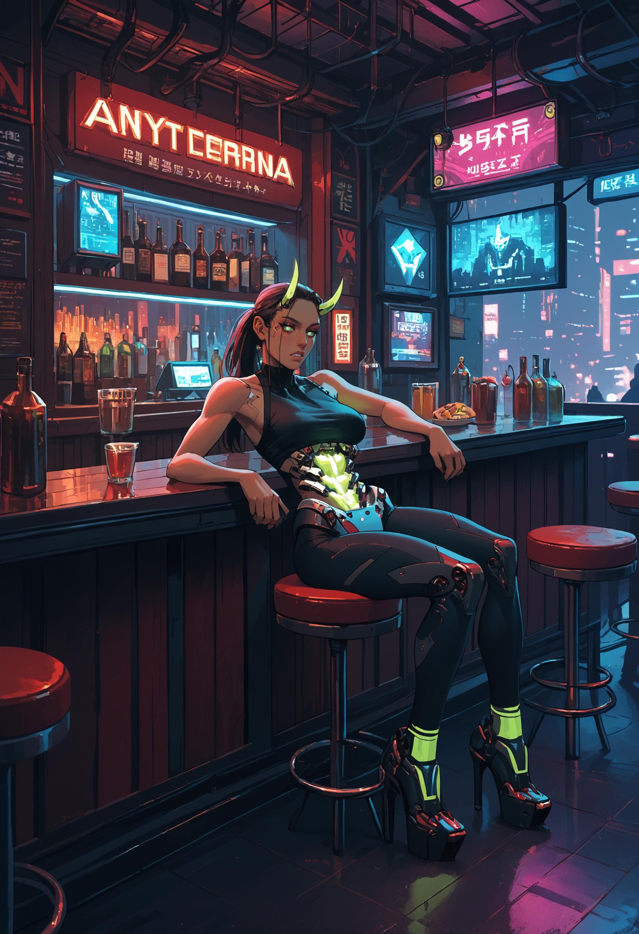 score_9, score_8_up, score_7_up, 1girl, solo, sitting, restaurant, booth seating, bar, window, neon lights, horns, crop top, thighs, (mechanical teeth), (mechanical mask:0.3), (mechanical torso:1.5), glowing clothes, city at night, scenery, highly detailed, science fiction, metropolis, cyberpunk, big breasts, dreamy eyes, bored, long hair, ponytail, <lora:ArmorPunkV4:1> arm0rpunkv4, mechanical shoes, high heels, strappy heels, leggings,