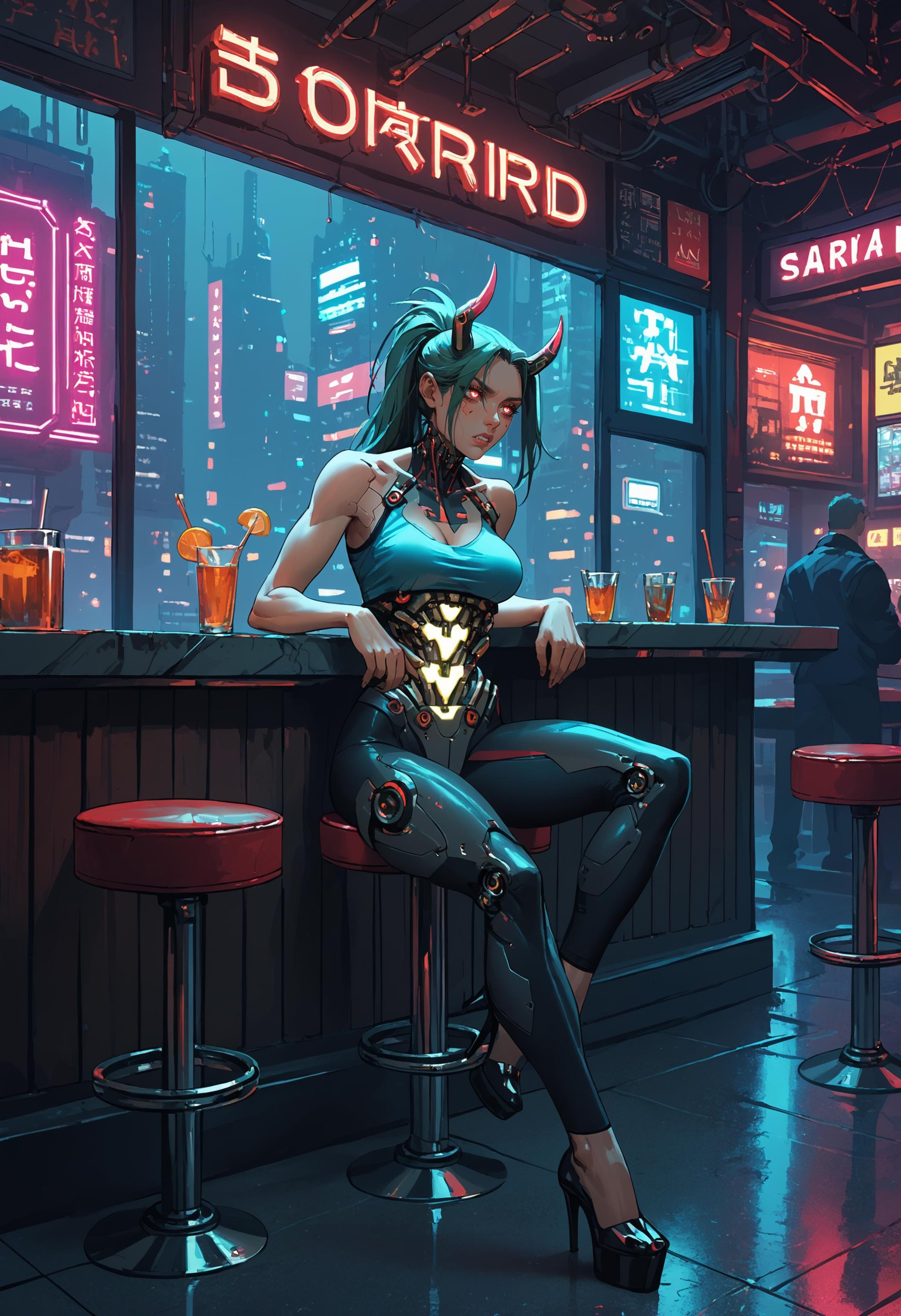 score_9, score_8_up, score_7_up, 1girl, solo, sitting, restaurant, booth seating, bar, window, neon lights, horns, crop top, thighs, (mechanical teeth), (mechanical mask:0.3), (mechanical torso:1.5), glowing clothes, city at night, scenery, highly detailed, science fiction, metropolis, cyberpunk, big breasts, dreamy eyes, bored, long hair, ponytail, <lora:ArmorPunkV4:1> arm0rpunkv4, mechanical shoes, high heels, strappy heels, leggings,