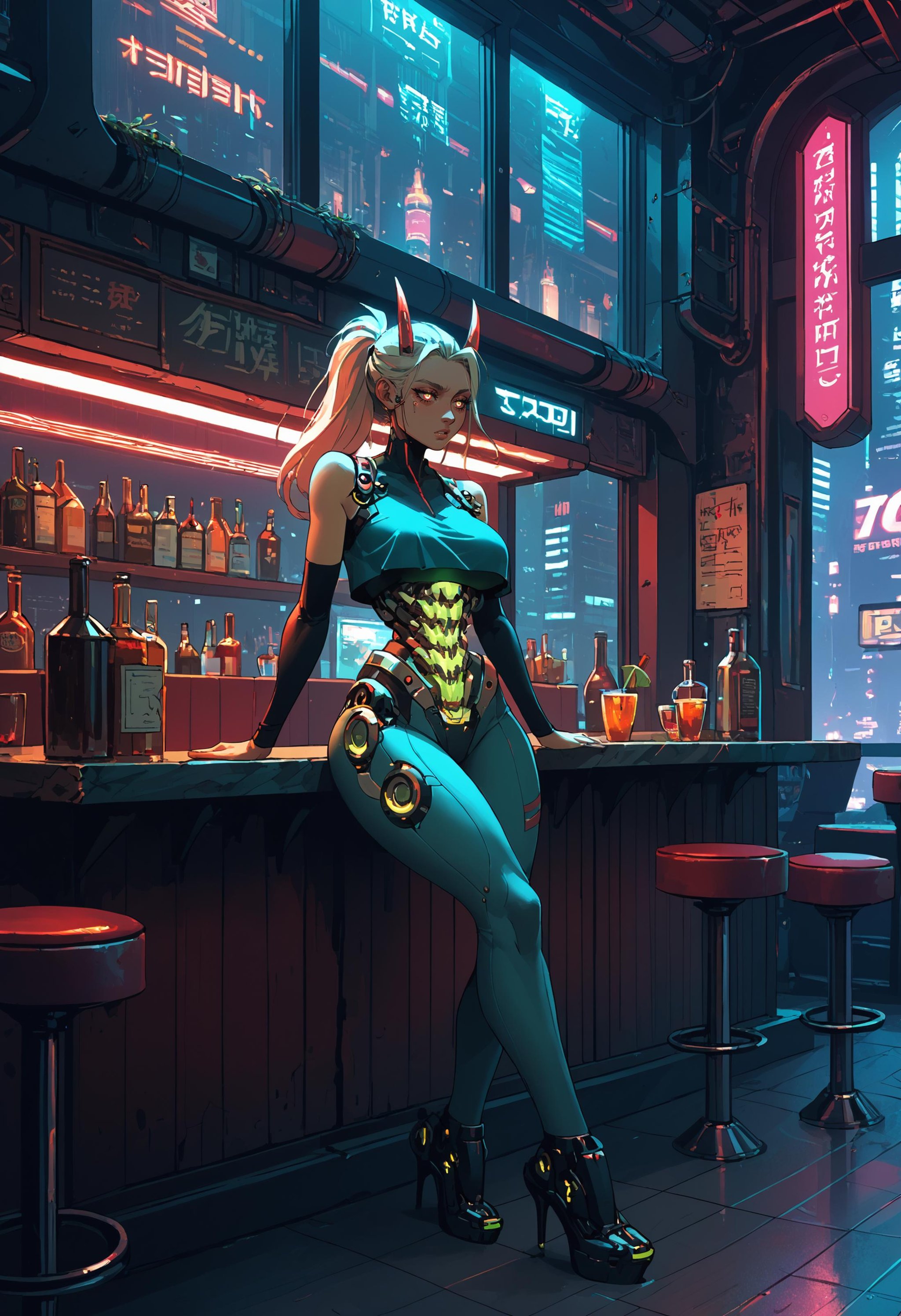 score_9, score_8_up, score_7_up, 1girl, solo, sitting, restaurant, booth seating, bar, window, neon lights, horns, crop top, thighs, (mechanical teeth), (mechanical mask:0.3), (mechanical torso:1.5), glowing clothes, city at night, scenery, highly detailed, science fiction, metropolis, cyberpunk, big breasts, dreamy eyes, bored, long hair, ponytail, <lora:ArmorPunkV4:1> arm0rpunkv4, mechanical shoes, high heels, strappy heels, leggings,