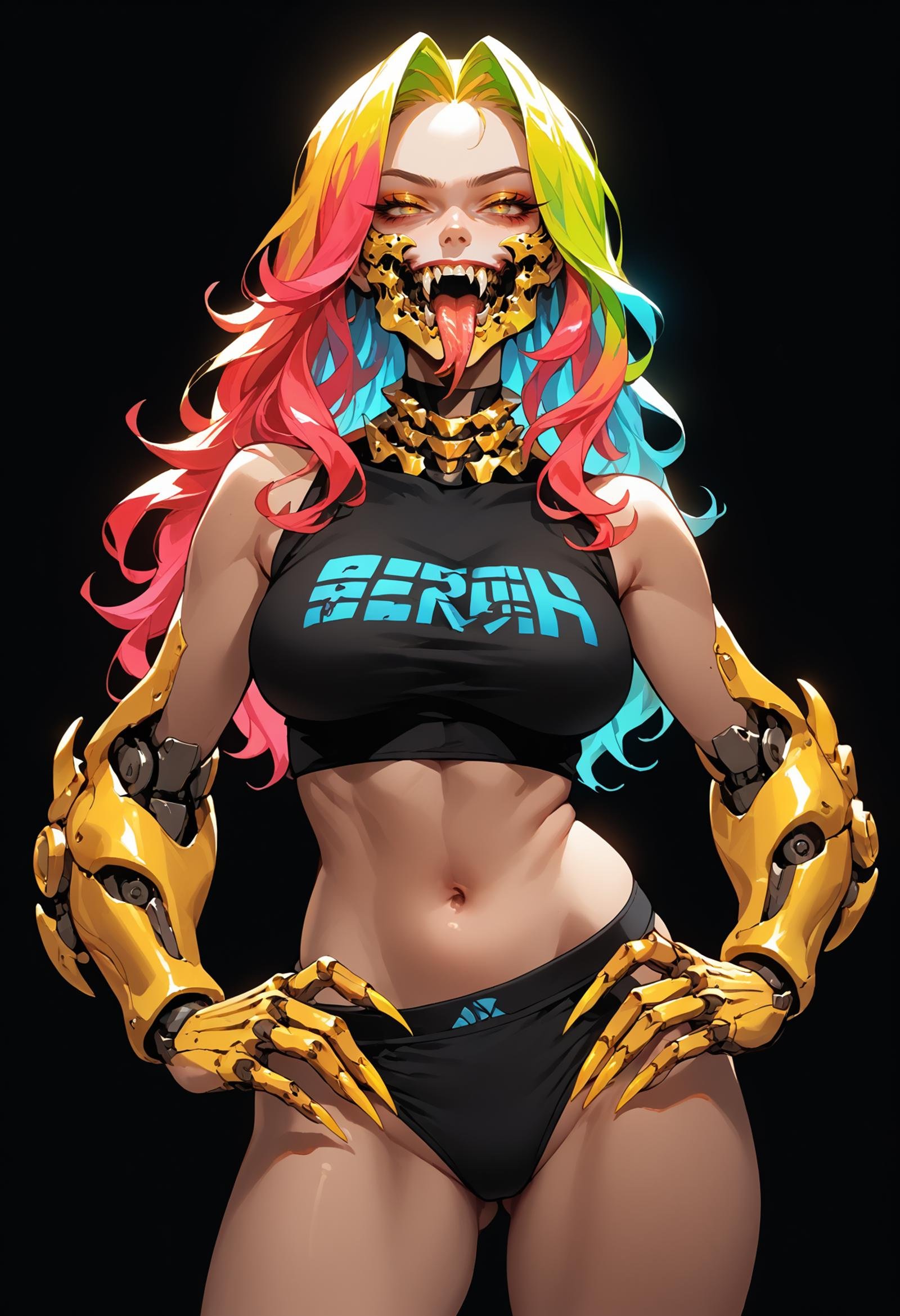 score_9, score_8_up, score_7_up, highly detailed, 1girl, solo, big breasts, simple background, black background, (mechanical jaw, fangs, forked tongue, mechanical teeth:1.2), navel, briefs, glowing neon hair, choker, long hair, mechanical hands, long nails, sharp nails, glowing fingernails, Electric Blue and Bright Yellow <lora:ArmorPunkV4:1> arm0rpunkv4, (mechanical torso),