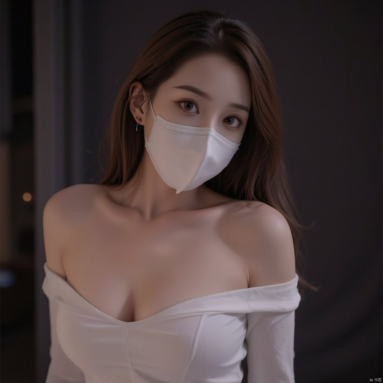 masterpiece,best quality,official art,extremely detailed CG unity 8k wallpaper, dark, night, realistic, photo, real, huge_filesize, wallpaper, solo, girl, idol, hair down, hair over shoulder, looking at viewer, medium breasts, white sleeveless dress,full body photo,wearing mask,front photo