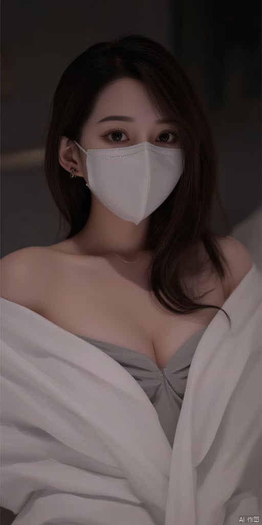 masterpiece,best quality,official art,extremely detailed CG unity 8k wallpaper, dark, night, realistic, photo, real, huge_filesize, wallpaper, solo, girl, idol, hair down, hair over shoulder, looking at viewer, medium breasts, white sleeveless dress,full body photo,wearing mask,front photo