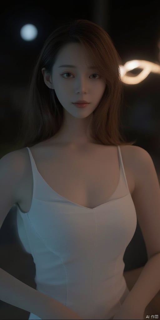 masterpiece,best quality,official art,extremely detailed CG unity 8k wallpaper, dark, night, realistic, photo, real, huge_filesize, wallpaper, solo, girl, hair down, hair over shoulder, looking at viewer, medium breasts, white sleeveless dress,full body photo,wearing mask,front photo