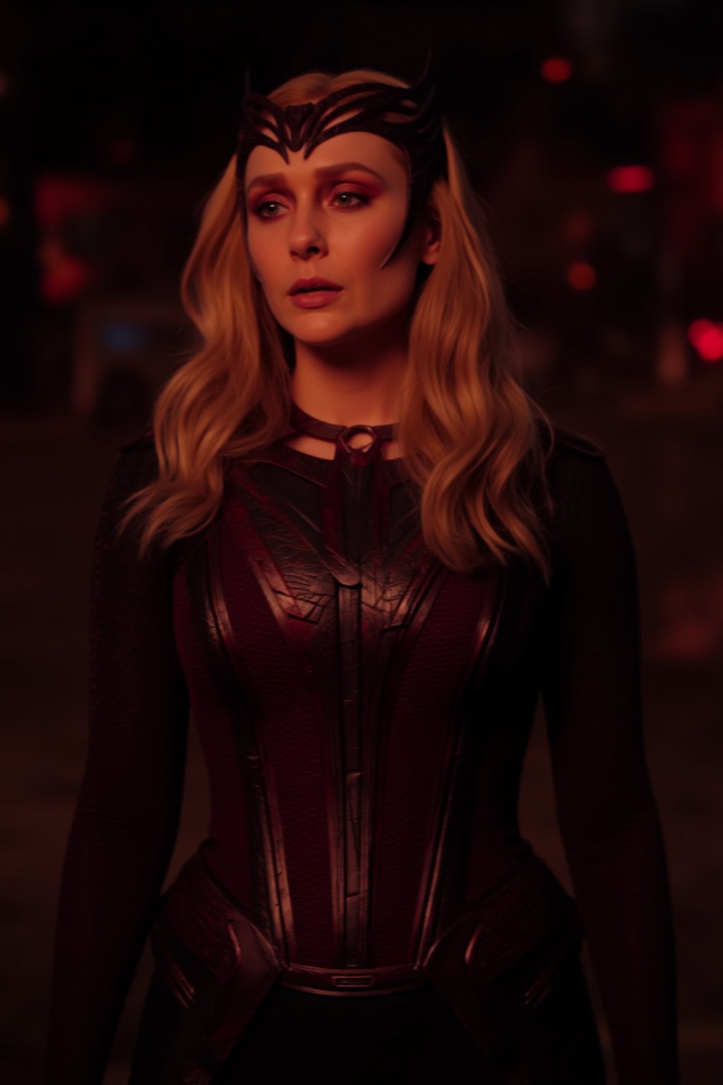 portrait, realistic, 1girl, solo, blonde hair, wavy hair. Portrait of the Scarlet Witch as she stands in front of a dark background with a focused expression. The background blurs, while the subject's takes center stage. Red lights subtly illuminate his face. 