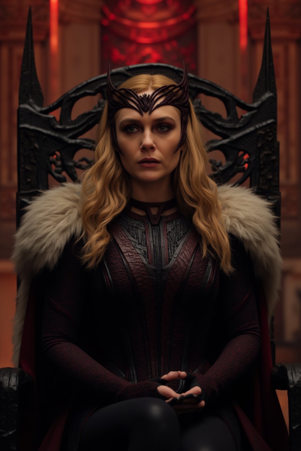 portrait, realistic, 1girl, solo, blonde hair, wavy hair. Portrait of a woman dressed in a dark, fitted suit with details in red and black tones. The woman has long, wavy blonde hair and wears a crown on her head, which complements her powerful appearance. Also wears a red cape adorned with white fur. She is sitting in a stone throne, looking at the viewer with a menacing expression. In the background, a ornamented stone wall with red lights appears illuminating the scene.