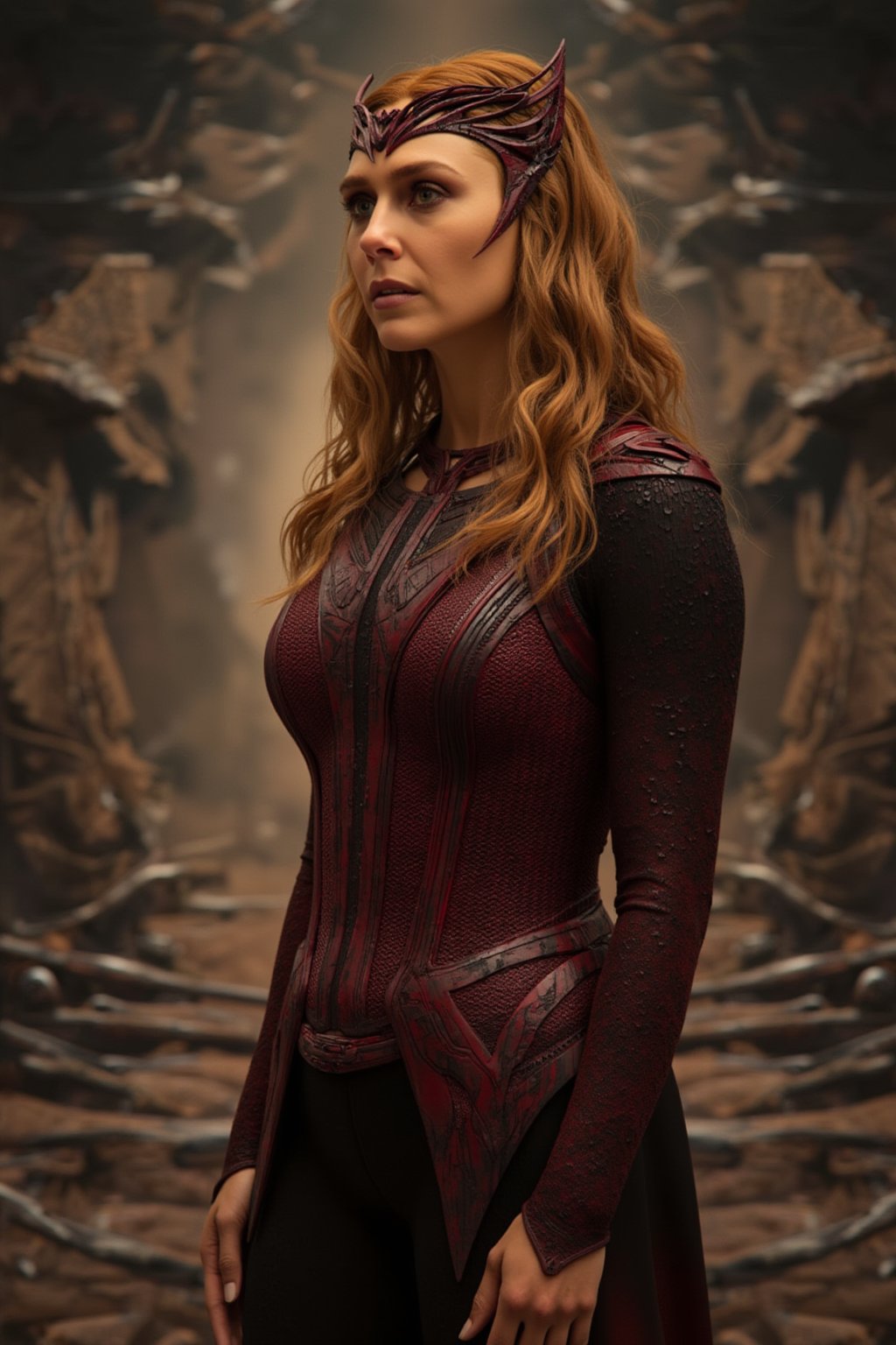 portrait, realistic, 1girl, solo, blonde hair, wavy hair. portrait of the Scarlet Witch with a focused expression as she stands on a ancient temple.