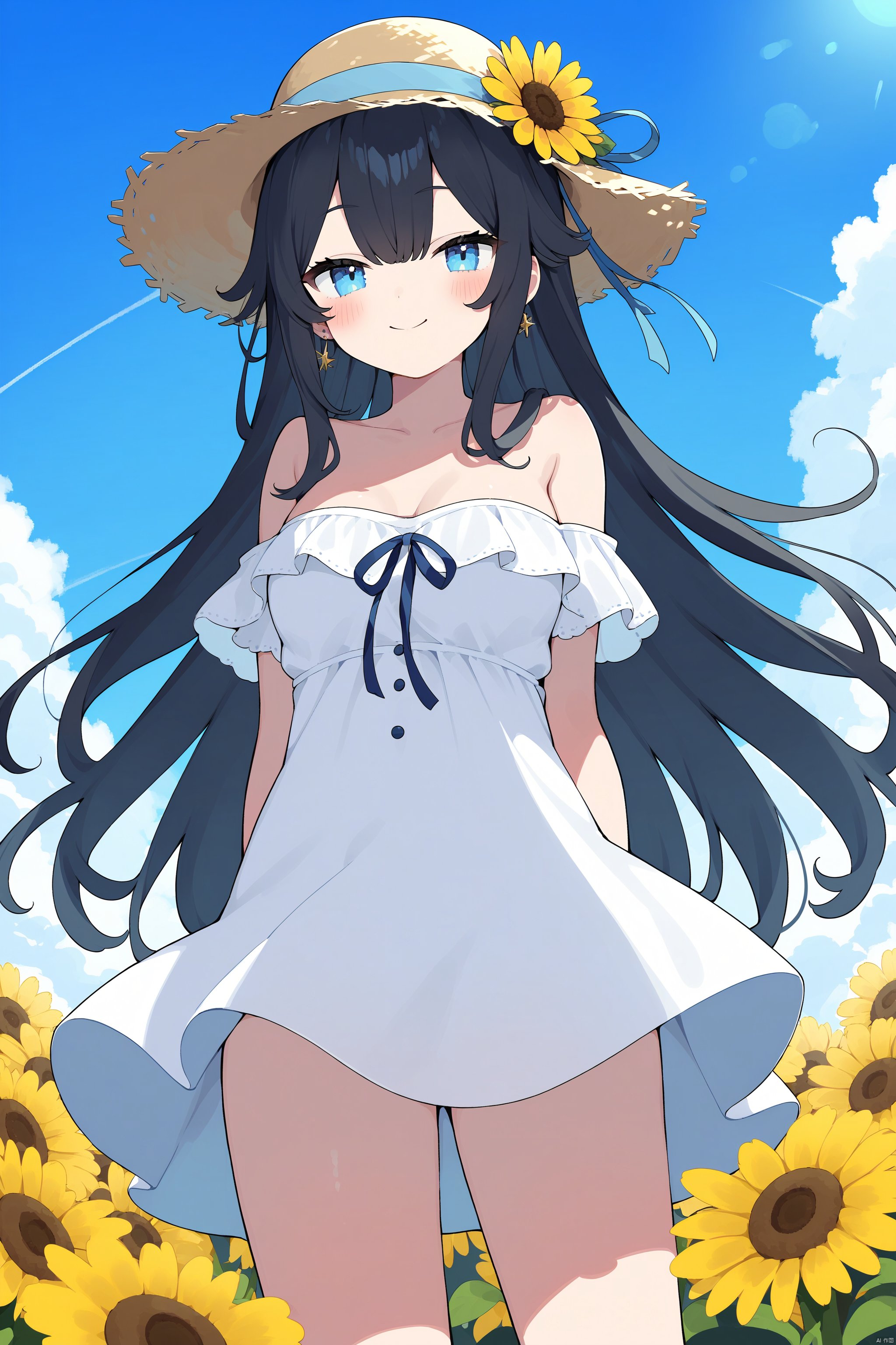 1girl, solo, long hair, breasts, looking at viewer, blush, smile, bangs, blue eyes, black hair, hat, dress, bow, ribbon, bare shoulders, jewelry, medium breasts, very long hair, closed mouth, standing, collarbone, flower, sidelocks, cowboy shot, earrings, outdoors, frills, sky, day, cloud, off shoulder, white dress, blue sky, strapless, blue bow, arms behind back, frilled dress, hat ribbon, blue ribbon, sun hat, yellow flower, off-shoulder dress, straw hat, sunflower, hat flower