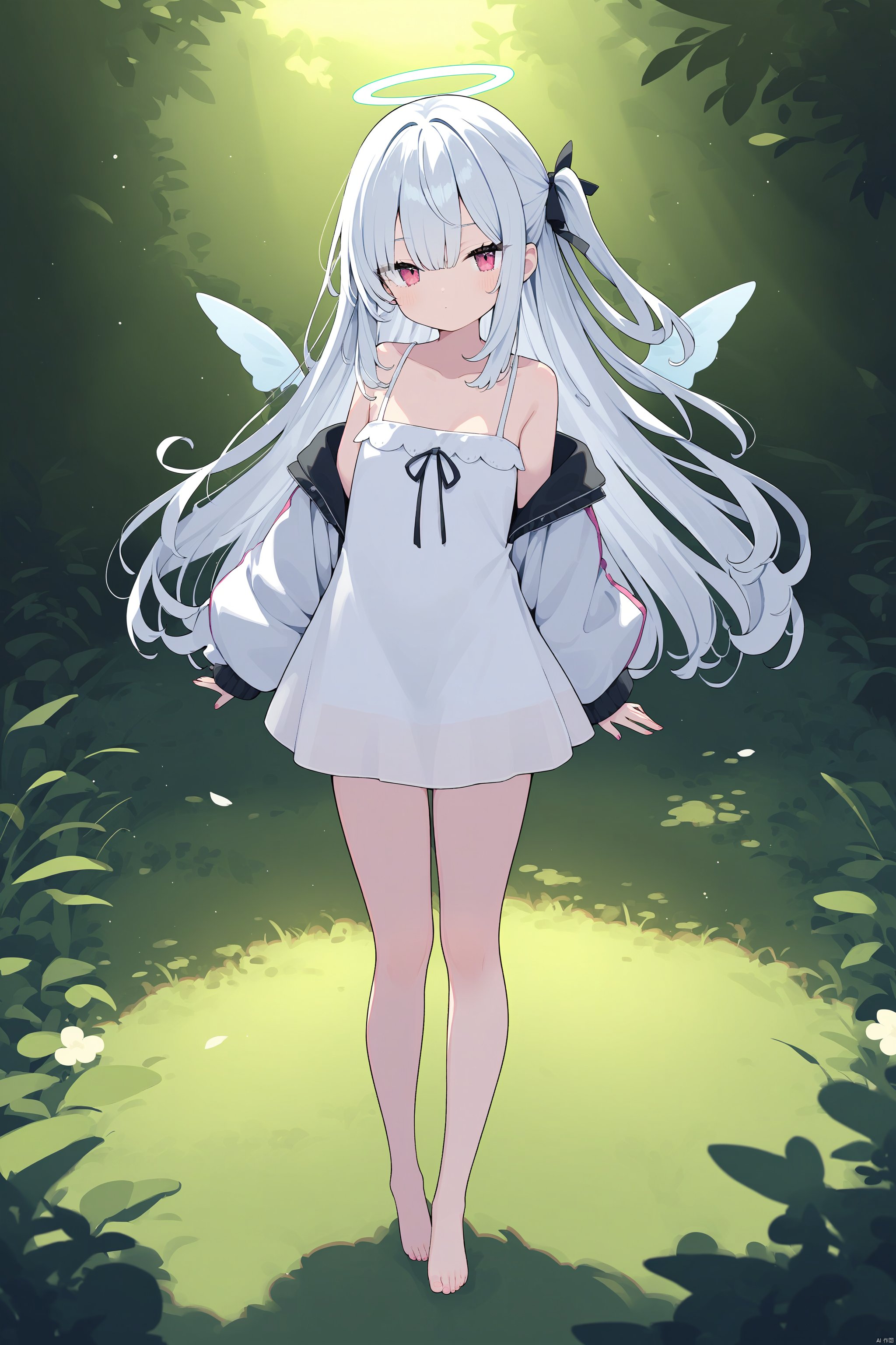 1girl, halo, solo, chromatic aberration, white hair, barefoot, wings, long hair, standing, looking at viewer, off shoulder, bare shoulders, full body, jacket, long sleeves, white jacket, white dress, dress, collarbone, bangs, ribbon, closed mouth