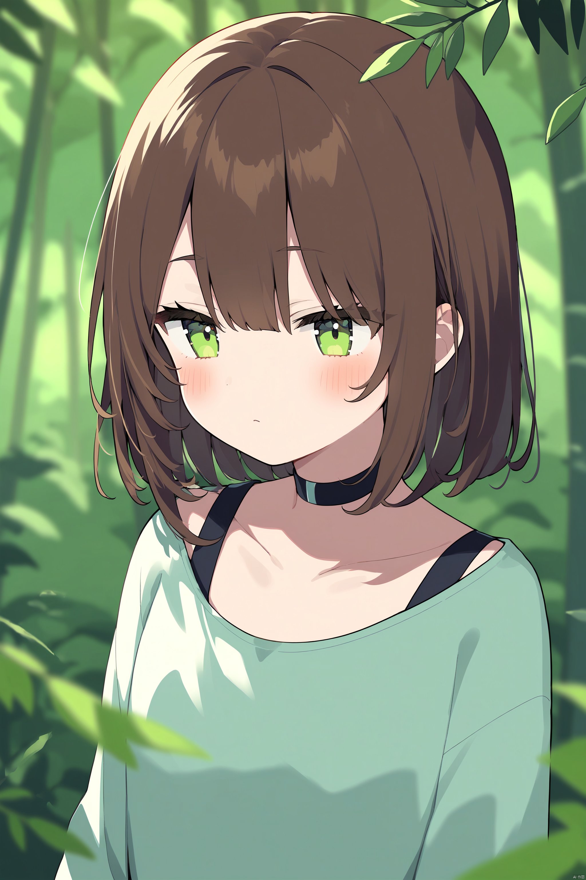 1girl, bamboo, bamboo_forest, bangs, bare_tree, blurry, blurry_foreground, blush, branch, brown_hair, choker, collarbone, depth_of_field, dress, eyebrows_visible_through_hair, green_eyes,