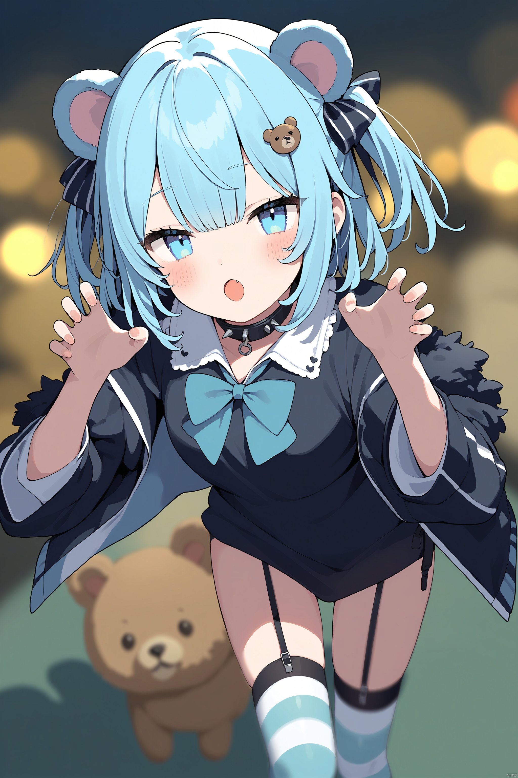 1girl, solo, best quality, detailed, blurry background, 1girl, solo, best quality, detailed, blue background, simple background, aqua background, looking at viewer, blush, open mouth, bear ears, blue eyes, hair ornament, bangs, bandaid, striped thighhighs, fur-trimmed jacket, frills, jewelry, spiked collar, distorted fingers, teddy bear, claw pose, garter straps, bow , blurry foreground, motion blur, focused, photo \(medium\), bokeh, glowstick, chromatic aberration, blur censor, film grain,