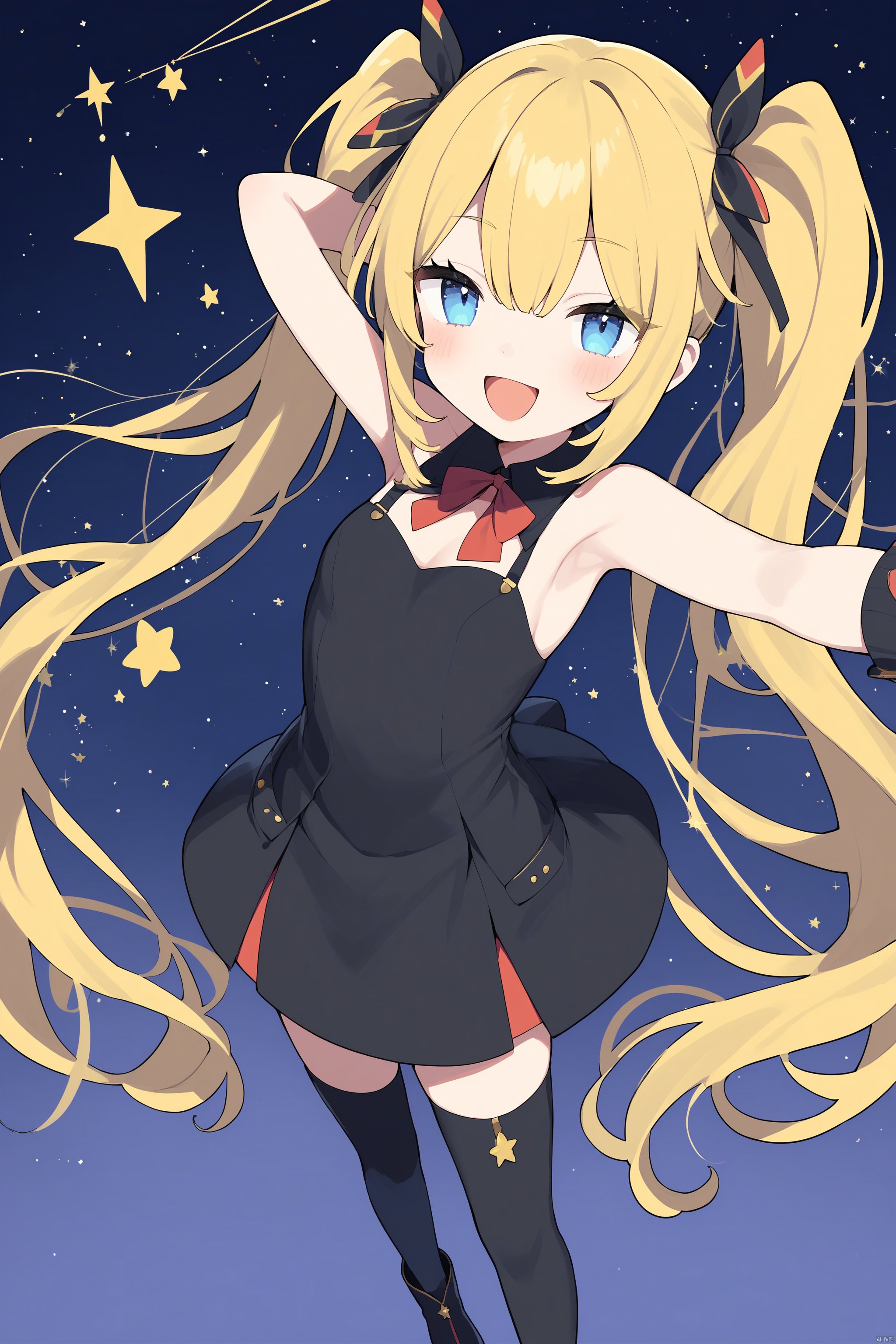 1girl, :d, armpits, blue_eyes, eyebrows_visible_through_hair, high_heel_boots, high_heels, long_hair, looking_at_viewer, open_mouth, ribbon, skirt, smile, solo, sparkle, sparkle_background, star_\(symbol\), starry_background, thighhighs, twintails, very_long_hair