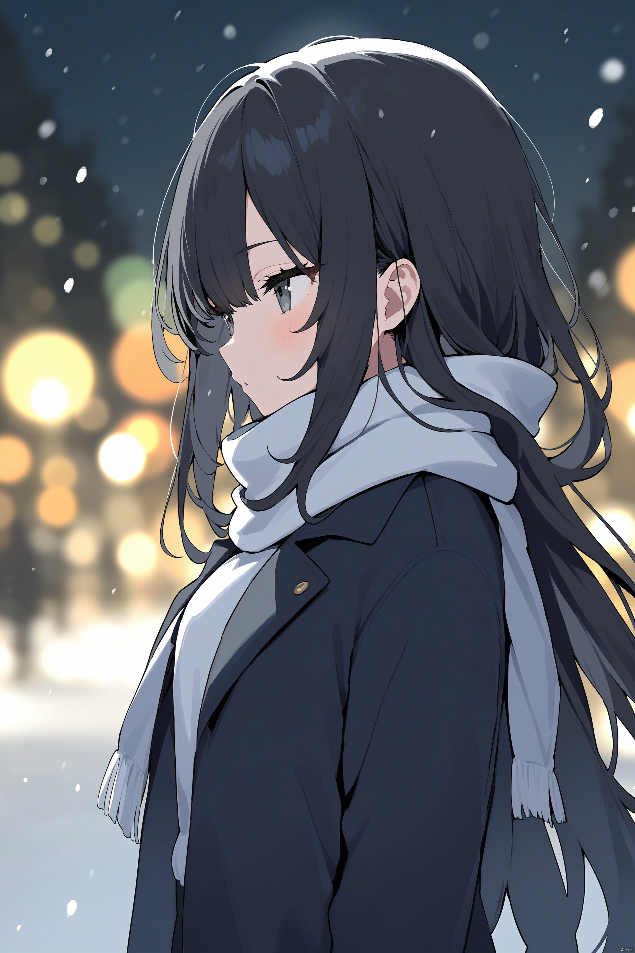 (masterpiece),(best quality),(masterpiece),(best quality),1girl, black_coat, black_hair, blurry, blurry_background, blurry_foreground, bokeh, city_lights, coat, depth_of_field, from_side, jacket, lens_flare, long_hair, long_sleeves, looking_away, motion_blur, outdoors, scarf, snow, snowing, solo, upper_body