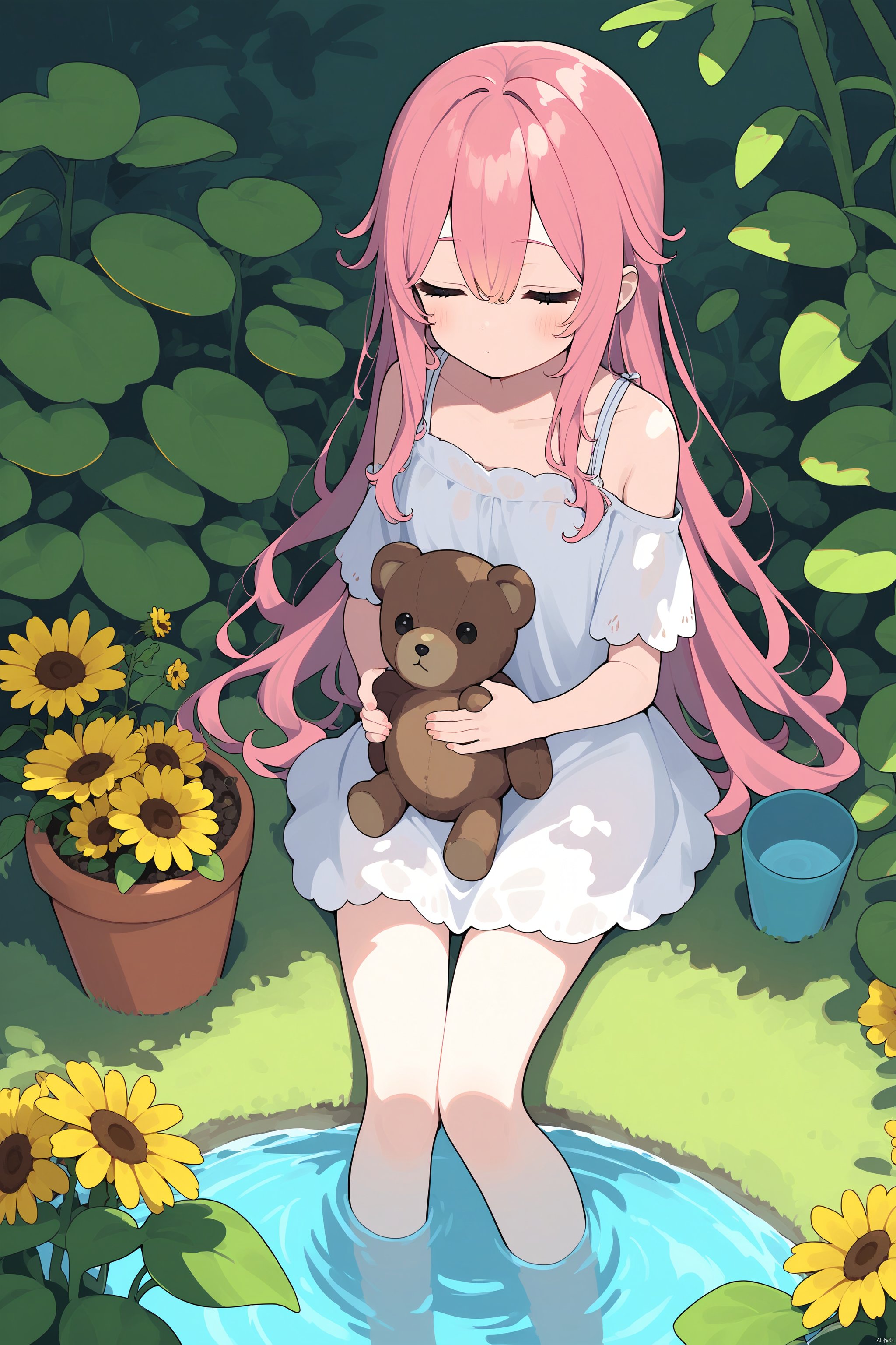 1girl, closed_eyes, dappled_sunlight, dress, flower, grass, leaf, long_hair, pink_hair, plant, potted_plant, sitting, soaking_feet, solo, stuffed_animal, stuffed_toy, sunflower, teddy_bear, very_long_hair, water, yellow_flower