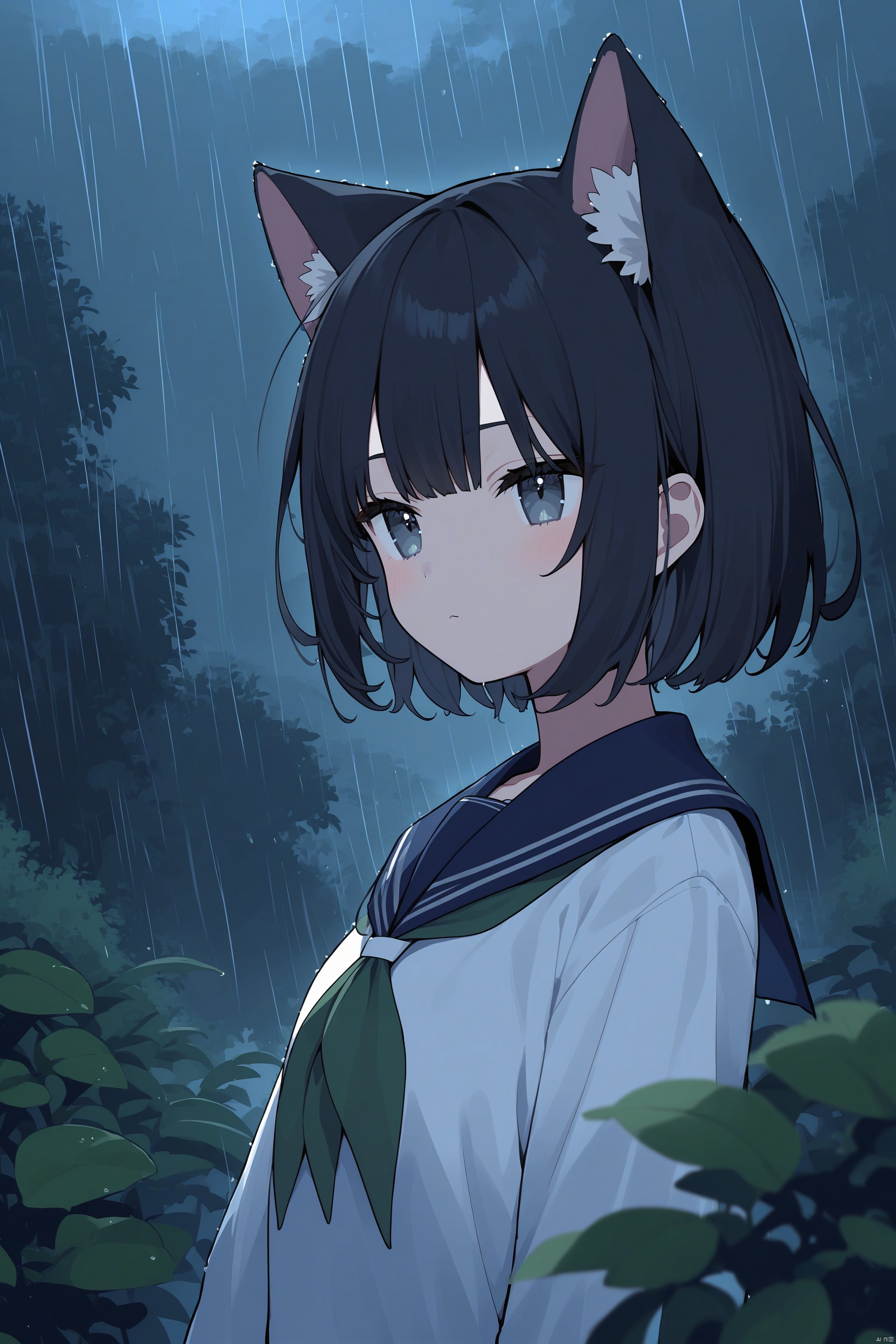 animal_ears, 1girl, black_hair, sailor_collar, solo, short_hair, cat_ears, school_uniform, serafuku, black_sailor_collar, upper_body, rain, shirt, white_shirt, long_sleeves, night, closed_mouth, scenery, bangs