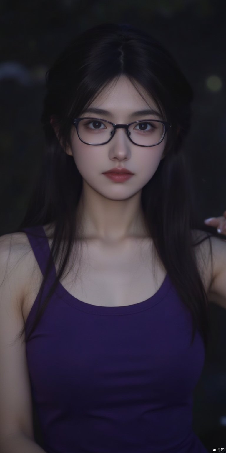 masterpiece,best quality,official art,extremely detailed CG unity 8k wallpaper, dark, night, realistic, photo, real, huge_filesize, wallpaper, solo, girl,hair down, hair over shoulder, looking at viewer, medium breasts, purple sleeveless dress,glasses,front photo,


















