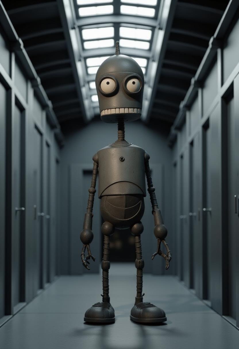 <lora:Tim_Burton_Style_FX-000001:1> Bender in a metallic hallway in tburton_style