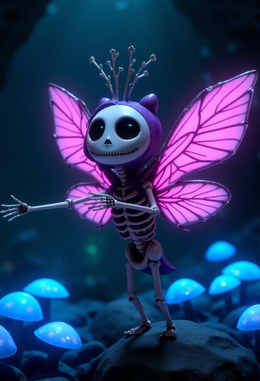 <lora:Tim_Burton_Style_FX-000001:1>  tburton_style,  skeleton pixie, adorable, huge outstretched wings made of glowing pink bone, surrounded by glowing blue and green bioluminescent mushroom clusters, stalagmites, deep underground, cave background,