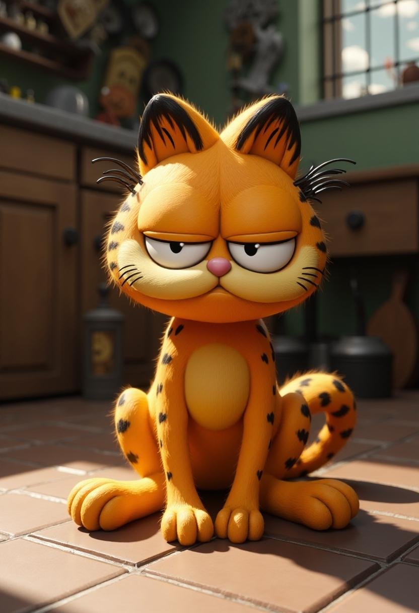 <lora:Tim_Burton_Style_FX-000001:1>  tburton_style, Garfield sitting on a kitchen floor