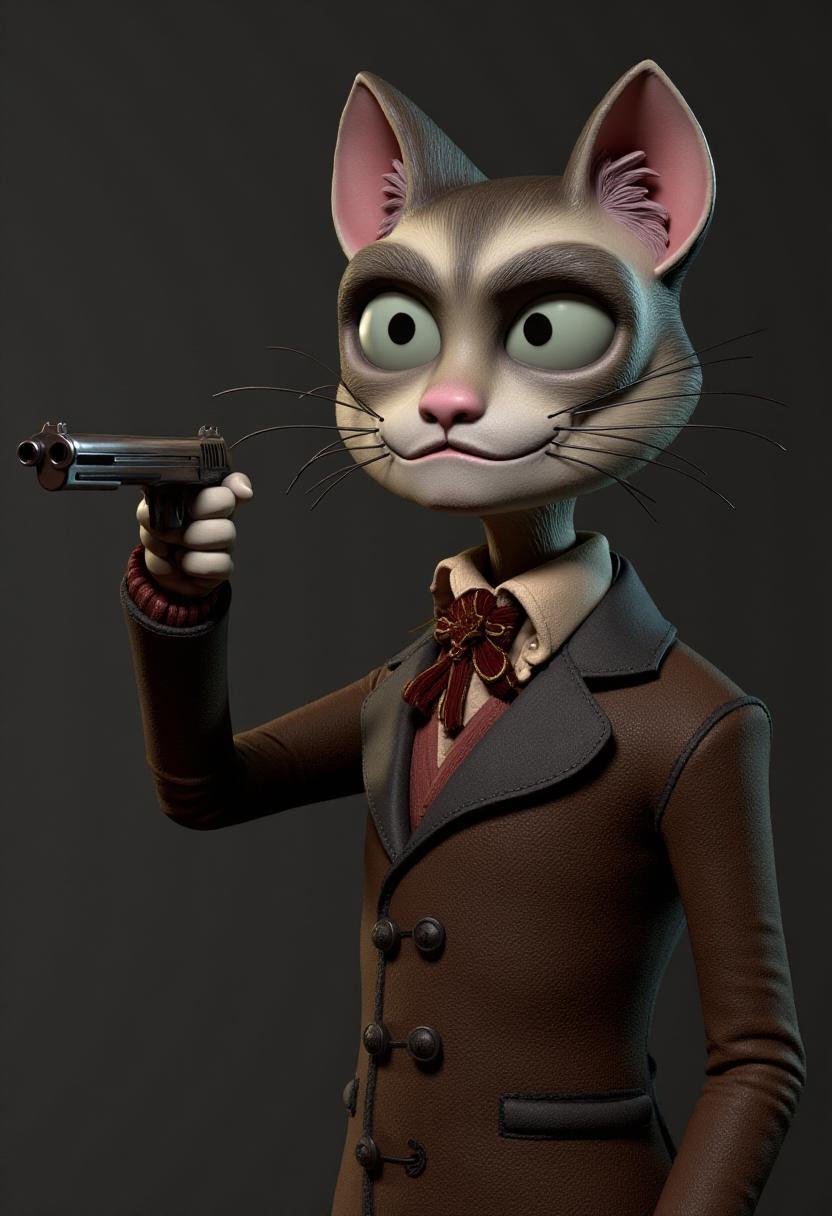 <lora:Tim_Burton_Style_FX-000001:1.1>  tburton_style, anthropomorphic cat pointing a gun at the viewer