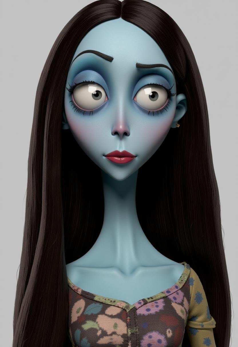 <lora:Tim_Burton_Style_FX-000001:1>  tburton_style, a rag doll-like woman with a pale blue, almost white, skin tone. She has long, straight, dark brown hair that falls down her back. Her facial features are exaggerated, with large, round eyes, a small nose, and a wide, red mouth with a small, pointed chin. She is wearing a dress made out of patchwork of different patterns.