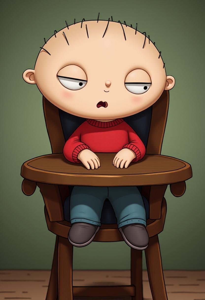 <lora:Tim_Burton_Style_FX-000001:1>  tburton_style, Stewie Griffin in a high chair