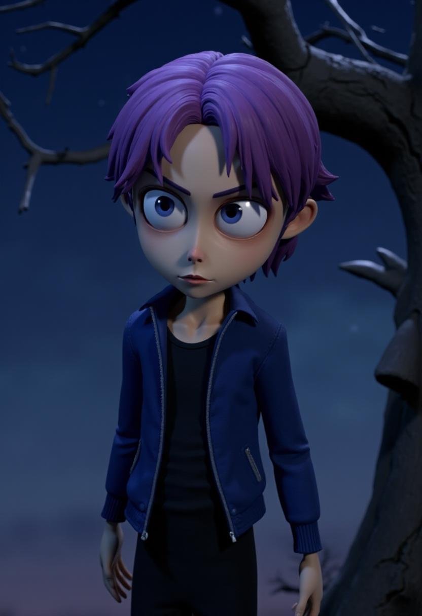 <lora:Tim_Burton_Style_FX-000001:1>, tburton_style, 3D render, a serious looking teenage boy with straight purple hair parted in the middle, and piercing blue eyes. He wears a blue bomber jacket, and a black jumpsuit underneath.He is standing under a dead tree at night, with a starry sky above. 