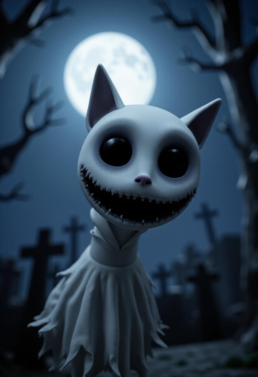 <lora:Tim_Burton_Style_FX-000001:1>  tburton_style, a ghostly cat with large black eyes and a huge black smile, floating over a cemetary at night , with a full moon.