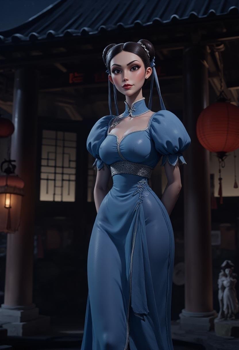 <lora:Tim_Burton_Style_FX-000001:1.1>tburton_style,  <lora:Chun-Li_on_Flux:0.8> chunli, blue chinese dress, pantyhose, pelvic curtain, temple background at night.