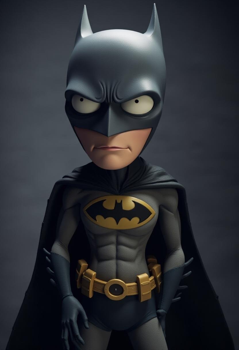 <lora:Tim_Burton_Style_FX-000001:1.1>  tburton_style, 3D render of Batman, with wide white eyes and exaggerated features