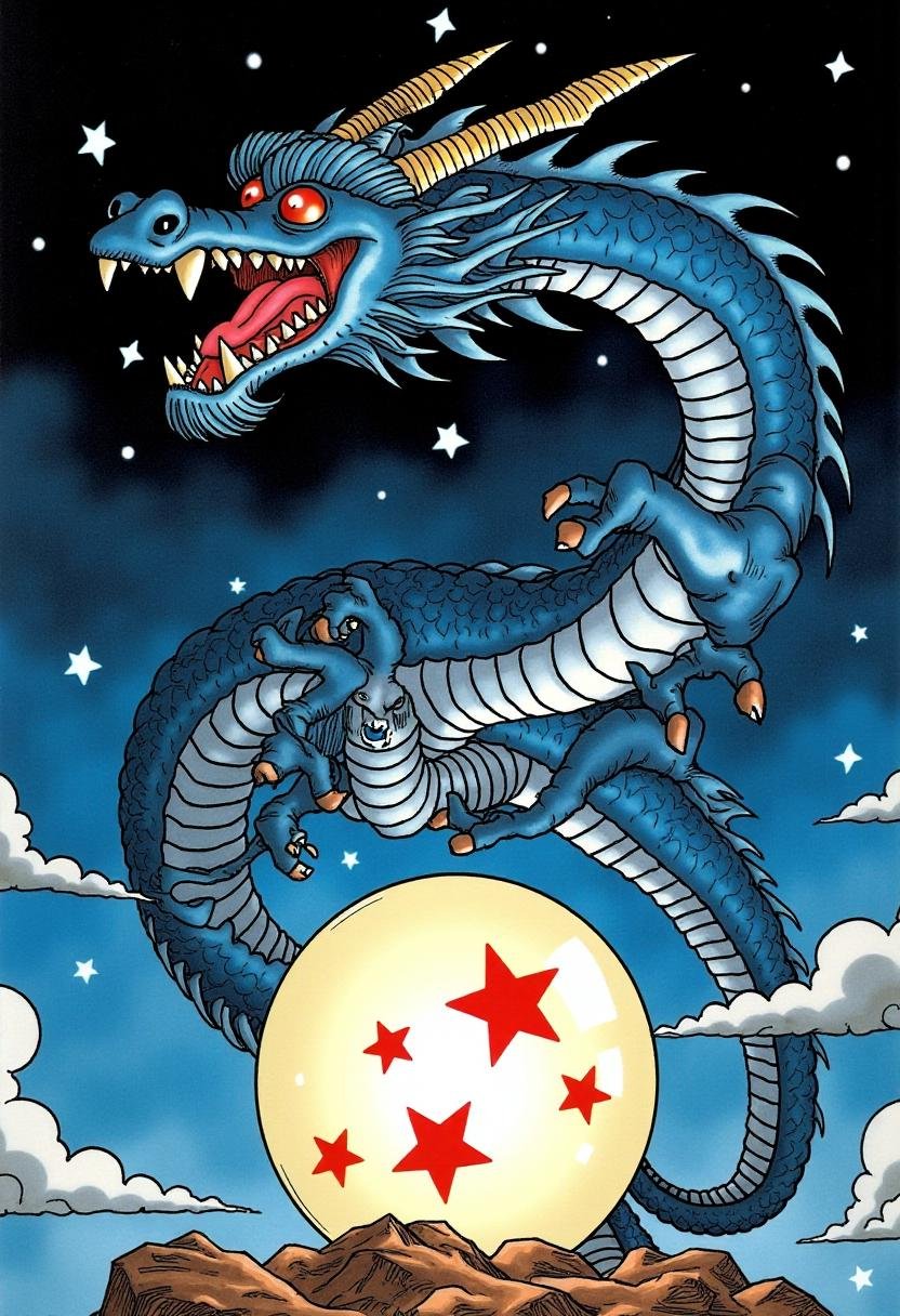 <lora:Akira_Toriyama_Style_FX-000001:1>toriyama_style, manga style image of a fearsome-looking ancient chinese dragon with red eyes looking large in a night sky with stars and clouds. At the bottom of the image is an ivory ball of glass with 4 small red stars inside of it. 