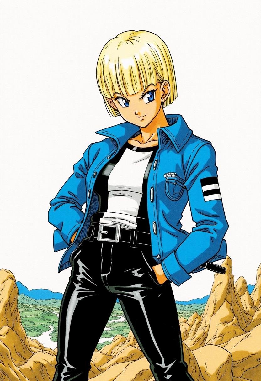 <lora:Akira_Toriyama_Style_FX-000001:1>toriyama_style, Manga style, featuring a a female character with a strong, action-oriented appearance. She has short, straight, platinum blonde hair cut neatly, and intense blue eyes. She wears a blue denim jacket, a black and white shirt, and black leather pants with a silver-buckled belt. She stands in the middle of a rocky field.