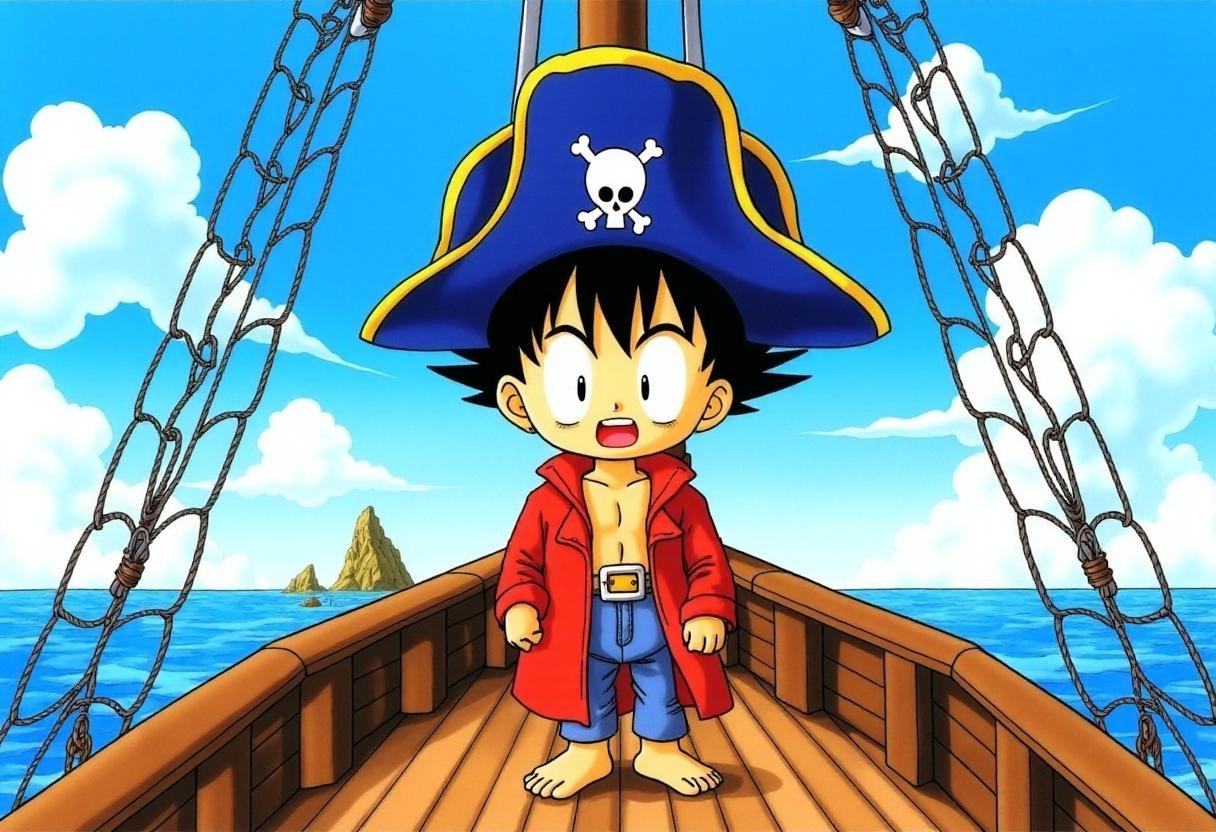 <lora:Akira_Toriyama_Style_FX-000001:1>toriyama_style. A Japanese manga scene featuring a young boy with spiky black hair, wearing a blue pirate hat adorned with a skull and crossbones emblem. He stands on the deck of a wooden pirate boat with a bright blue sky above him