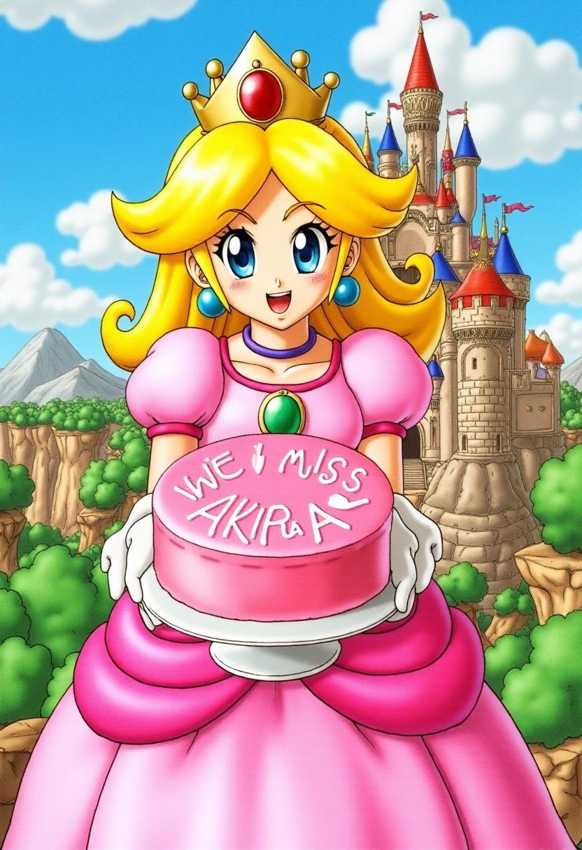 <lora:Akira_Toriyama_Style_FX-000001:1.2>toriyama_style, Princess Peach standing outside her castle, holding a cake with pink frosting. White frosting on the cake spells "WE MISS AKIRA"