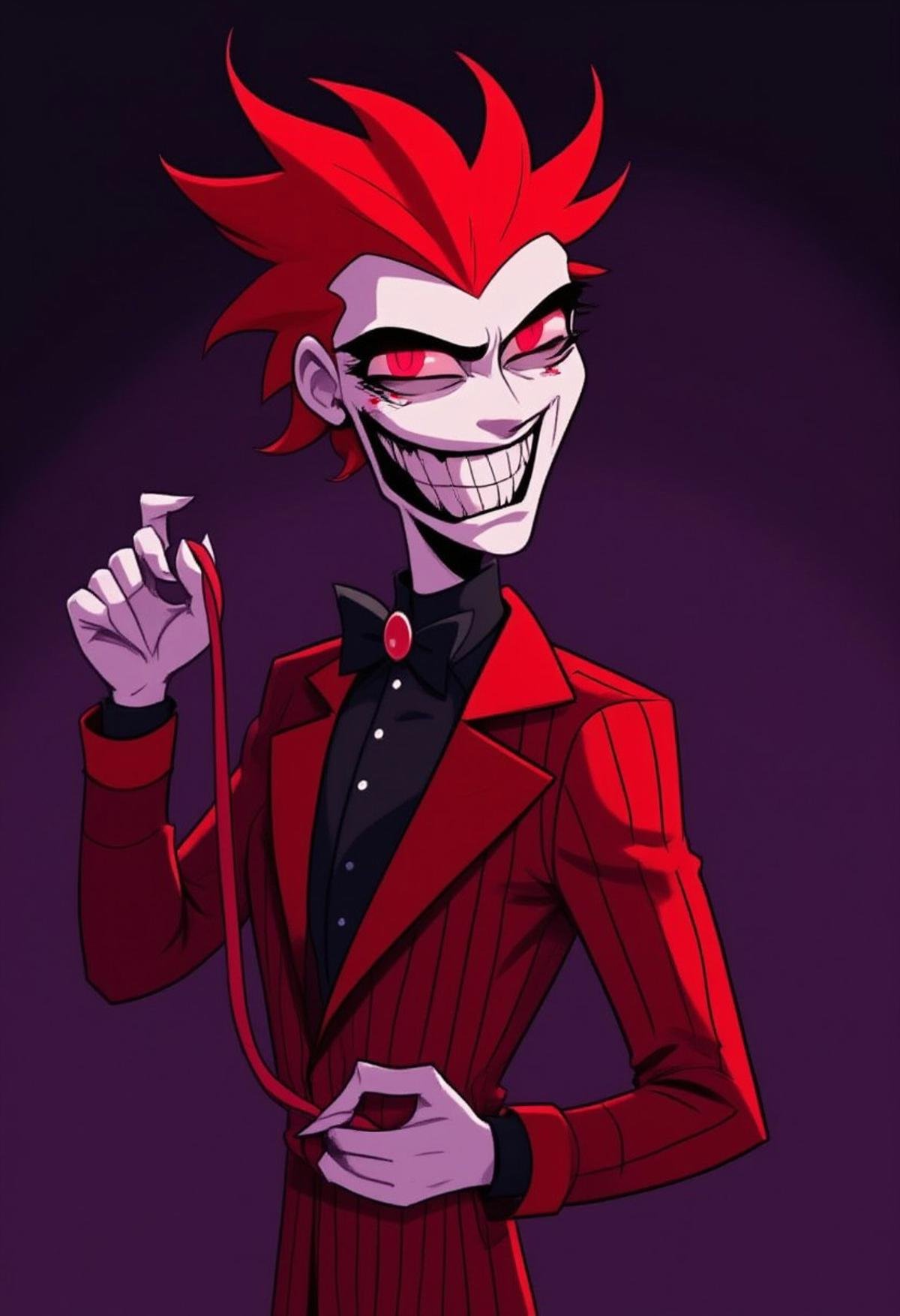 (hhstyle), a male with bright red hair styled in a spiky, exaggerated manner and large, pointed black ears with red inner linings. His eyes are a striking red, with narrow, slanted pupils. He has a wide, toothy grin, revealing sharp, white teeth. He is dressed in a red, pinstriped suit with a black collar and cuffs, a black bow tie, and a red lapel pin. His left hand is raised, holding a leash, while his right hand rests on his hip. There is a purple to black purple gradient background behind him.