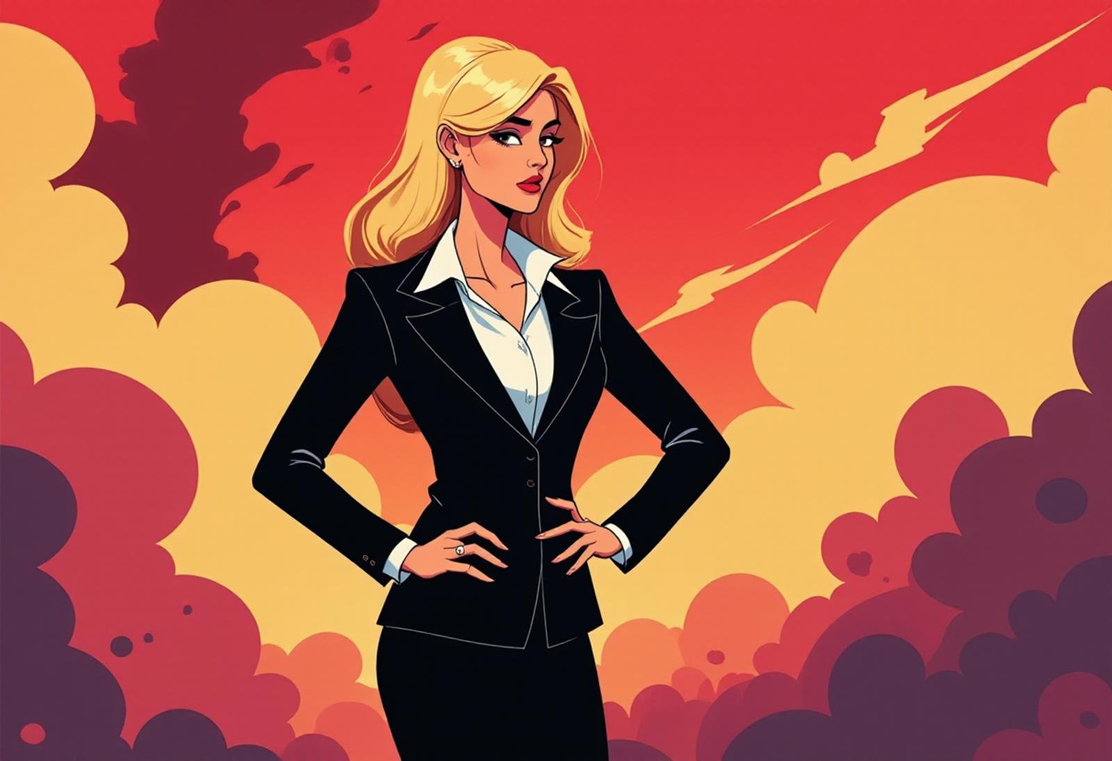 hhstyle drawing, A woman in a formal black suit and a white blouse stands in hell, striking a confident pose with her index pointing forward. The image style is hhstyle with flat bold colors, and sharp clean lines. <lora:Helluva_Hotel_Style:1> 