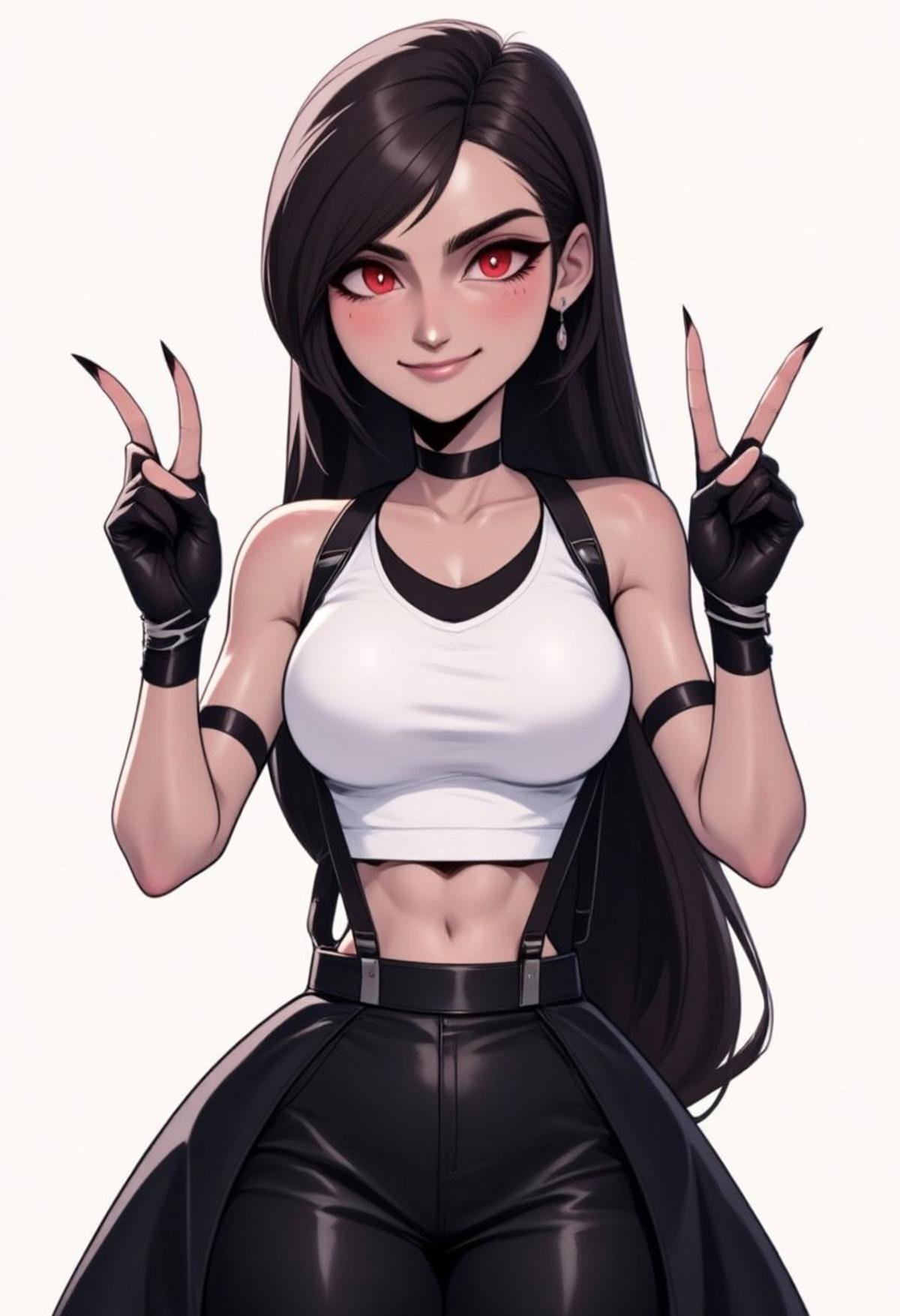 (hhstyle:1.2) , Tifalockhart wearing a white crop top, suspenders, black skirt, fingerless gloves. Her hands are raised in a double peace sign and she's smiling. 