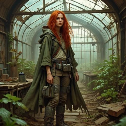 alieffp_style, Concept art of a young redhead girl wearing shabby Scout Gear, Binoculars, hooded cloak, lightweight boots, leggings, utility belt. fringe hair, in a post-apocalyptic neglected greenhouse with shattered glass and overgrown plants