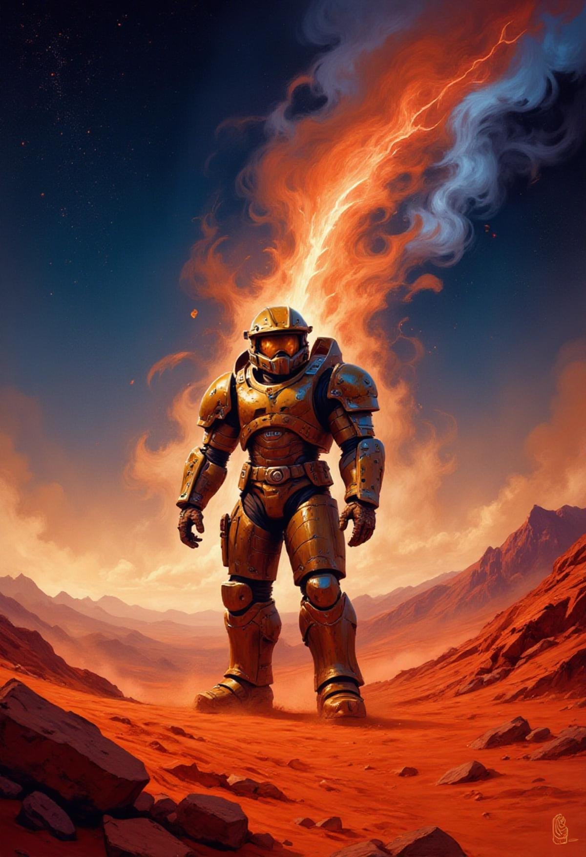 <lora:Flux_Fantasy_Portraits:1> alieffp_style Master Chief on a red planet, with a cosmic skyscape above him