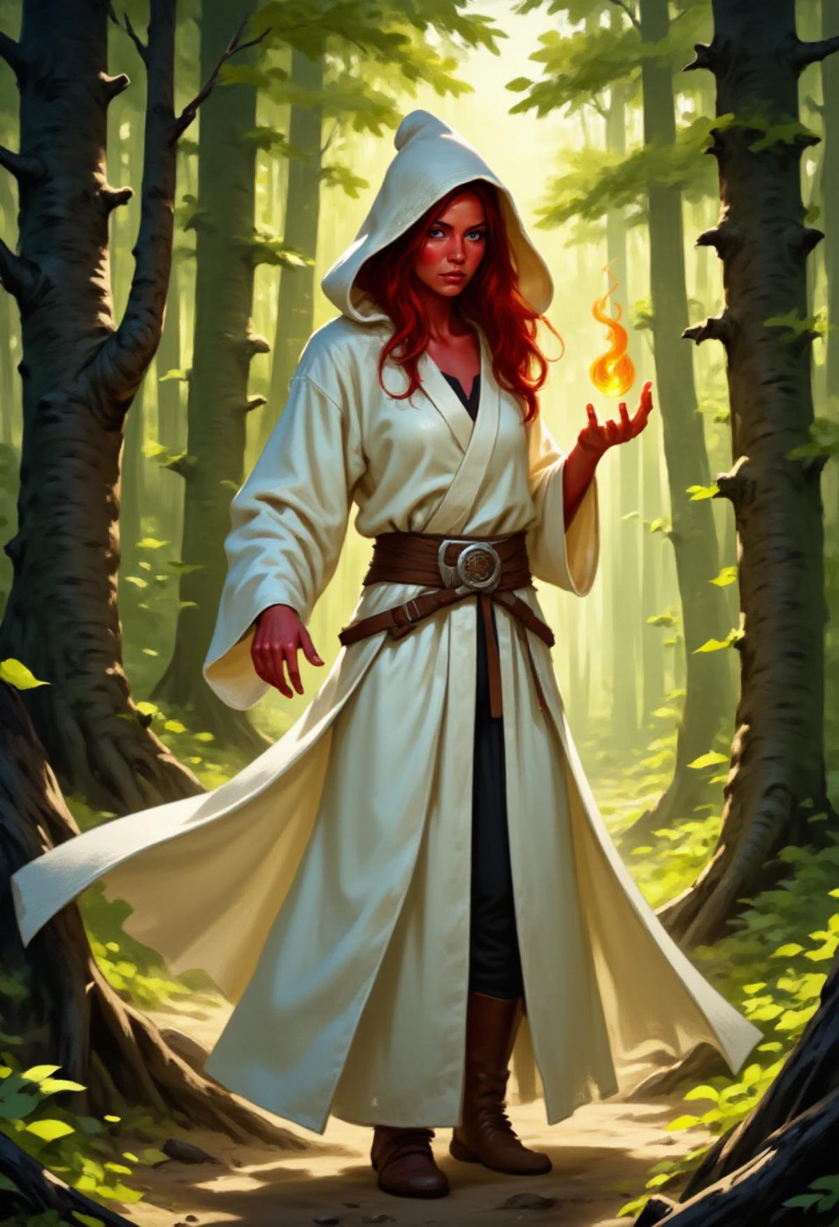 <lora:Flux_Fantasy_Portraits:1> alieffp_style A red-skinned female tiefling wizard wearing a white mage's robe with the hood down casting a healing magic spell in a sunlight dappled forest