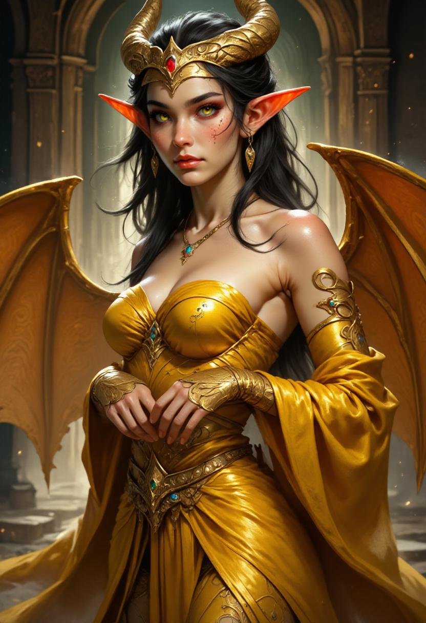 <lora:Flux_Fantasy_Portraits:1> alieffp_style, concept Art of a humanoid anthropomorphic dragon, with very small horns and gold scales covering her arms and cheeks. She is adorned with golden silks and a lot of jewelry, reflecting her vanity