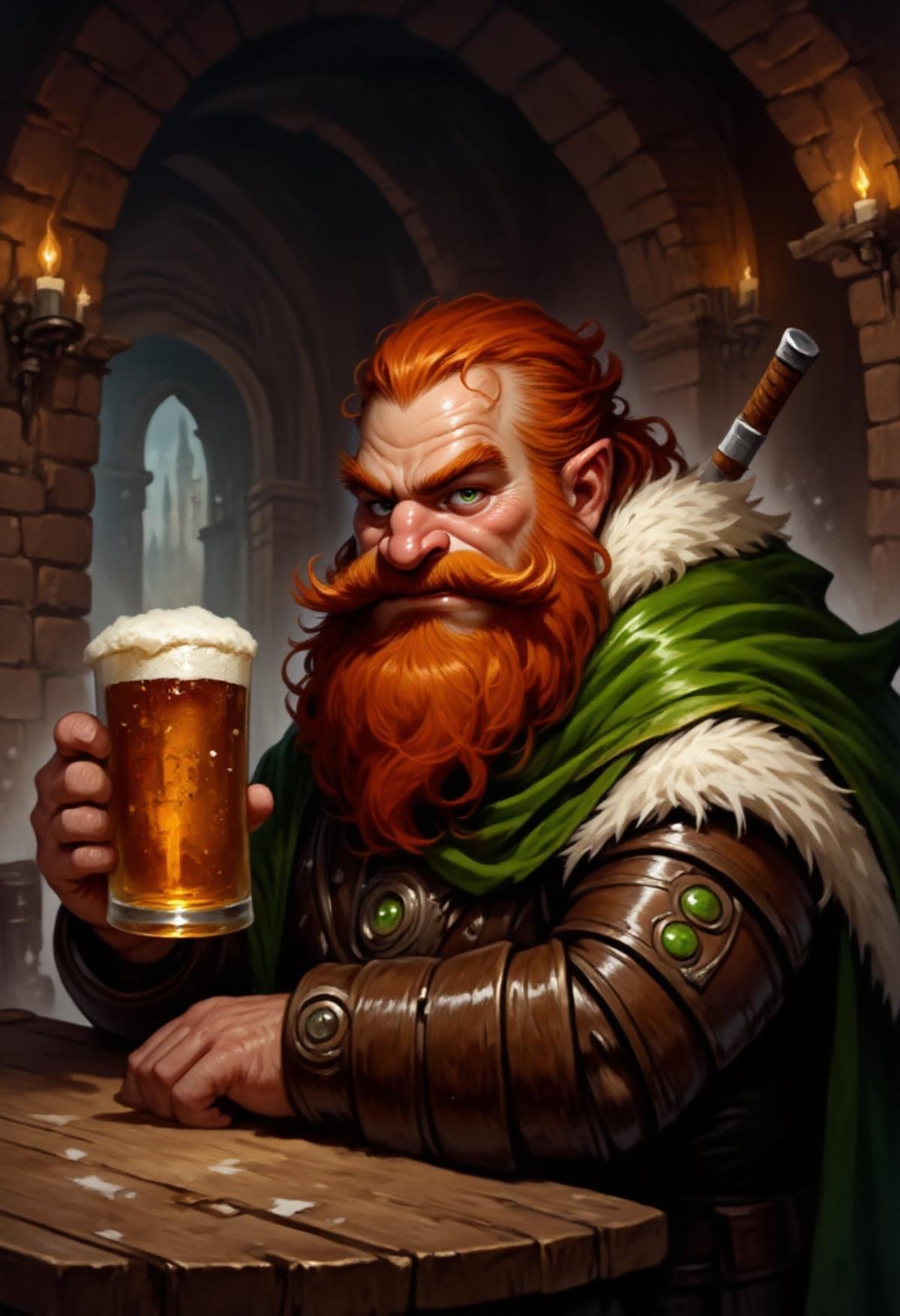 <lora:Flux_Fantasy_Portraits:1> alieffp_style A stout, tipsy dwarf with a bushy red beard holding a full beer stein, sitting at a bar in a fantasy medieval tavern 