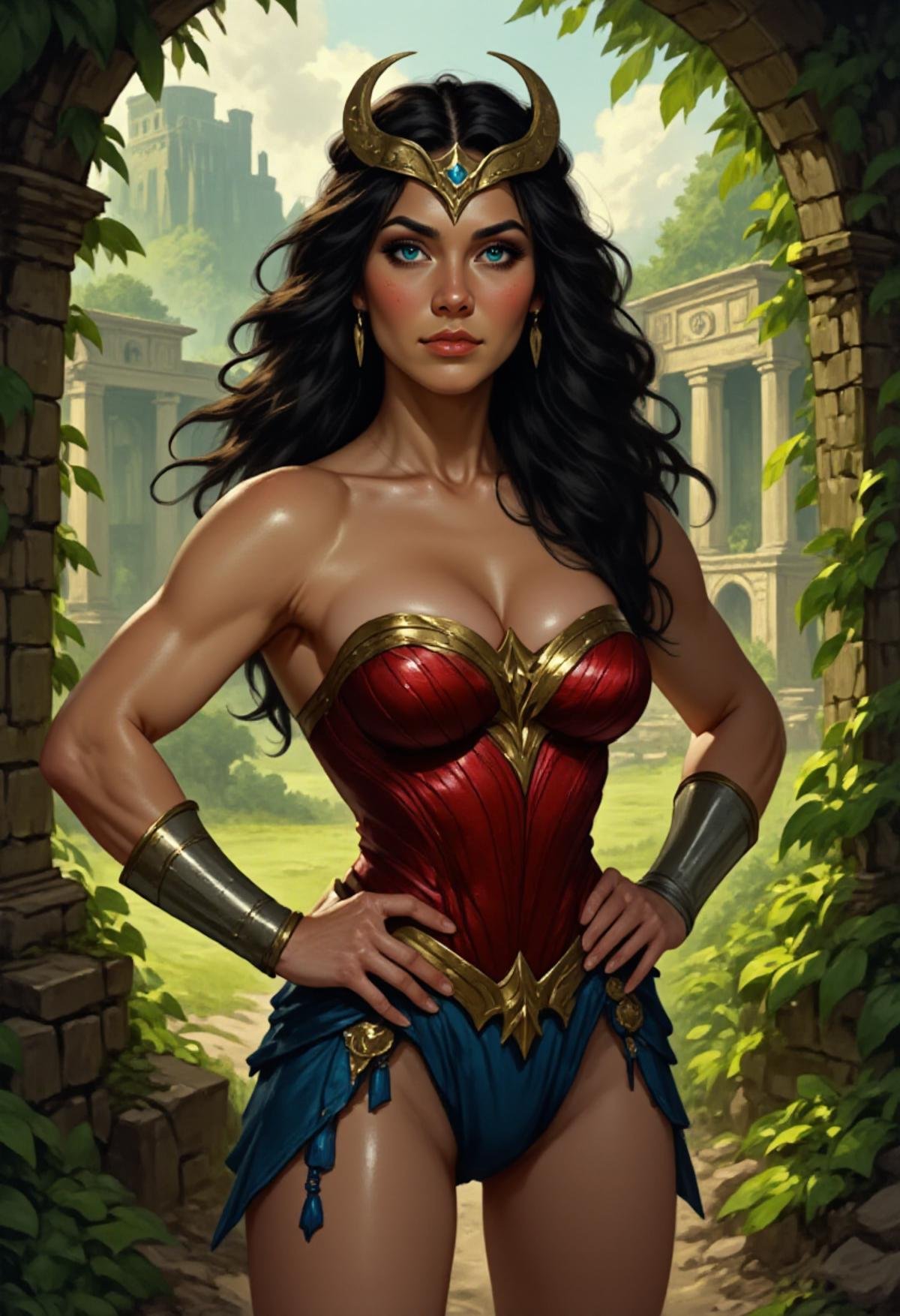 <lora:Flux_Fantasy_Portraits:1> alieffp_style portrait of Wonder Woman standing with her hands on his hips, in a jungle with an ancient greek temple