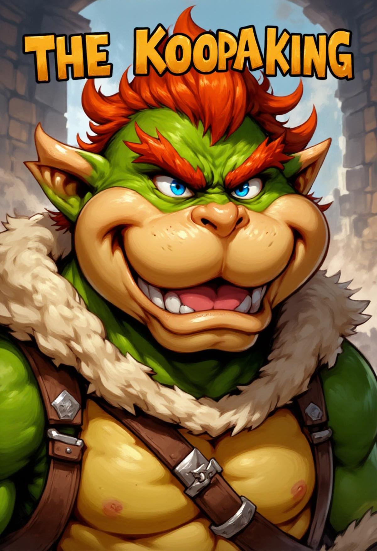 <lora:Flux_Fantasy_Portraits:1> alieffp_style A 2d upper body portrait of Bowser, his face having a stern expression. Brick letters above him spell "THE KOOPA KING"