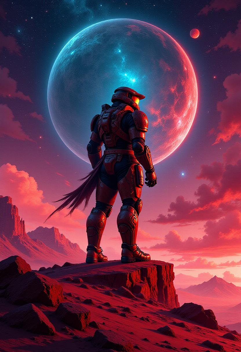 <lora:Flux_Fantasy_Portraits_V3-e13:0.7> alieffp, Master Chief on a red planet, with a cosmic skyscape above him