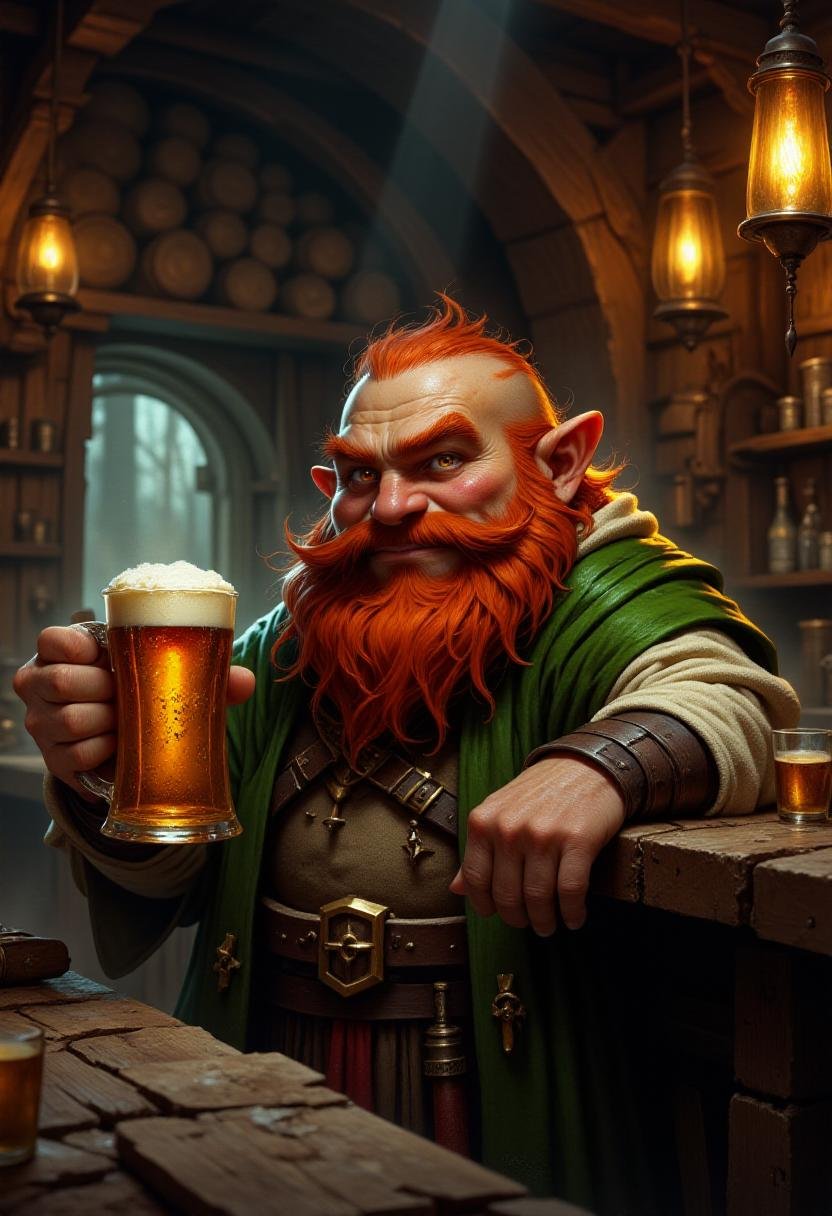 <lora:Flux_Fantasy_Portraits_V3-e13:1> alieffp, A stout, tipsy dwarf with a bushy red beard holding a full beer stein, sitting at a bar in a fantasy medieval tavern 