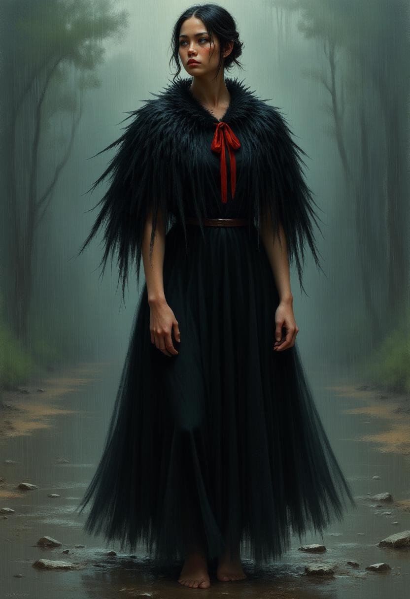 <lora:Flux_Fantasy_Portraits_V3-e13:1> alieffp, A painting of a woman is standing in the rain. The woman is wearing a black dress with a cape over it. The cape is black and has feathers on it. There is a red ribbon around the neck of the dress. The ground is wet and there are raindrops on the ground. 