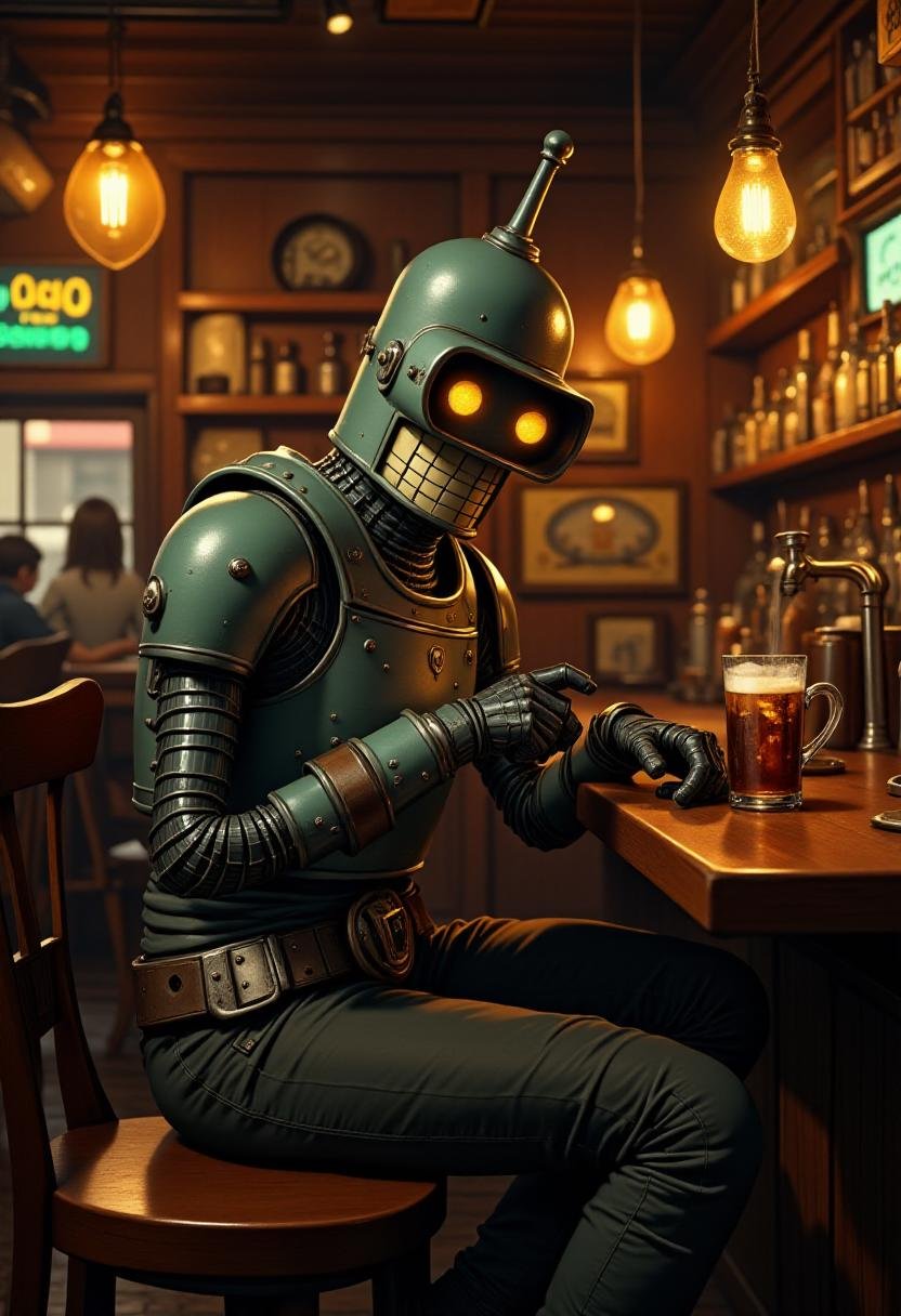 <lora:Flux_Fantasy_Portraits_V3-e13:0.6>alieffp, Bender drinking beer at the pub