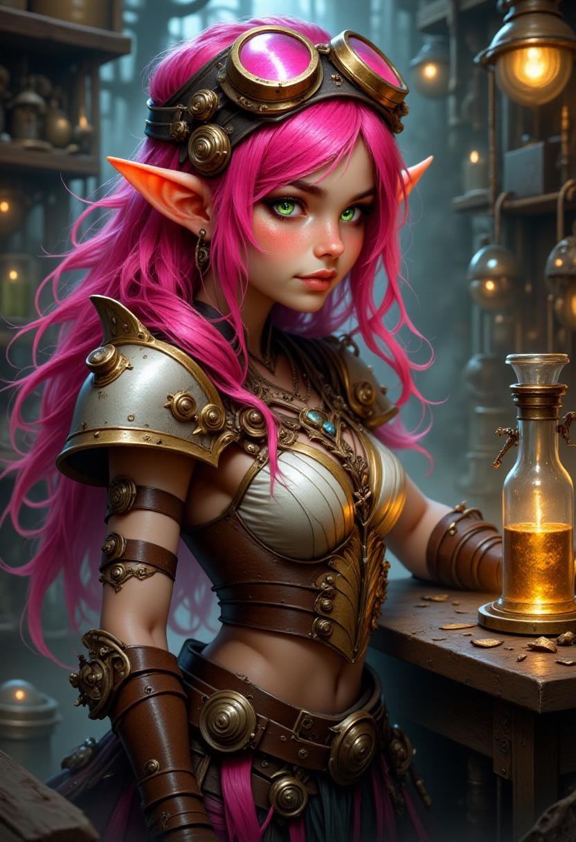 <lora:Flux_Fantasy_Portraits_V3-e13:1> alieffp, Portrait of a pink-haired halfling woman with steampunk goggles on top of her head and wearing steampunk attire, in a fantasy alchemist's mechanical workshop 